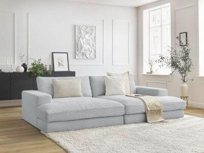 BIGSOFA LEONARD Cord Hellgrau  - Hellgrau/Schwarz, MODERN, Kunststoff/Textil (234/77/159cm)