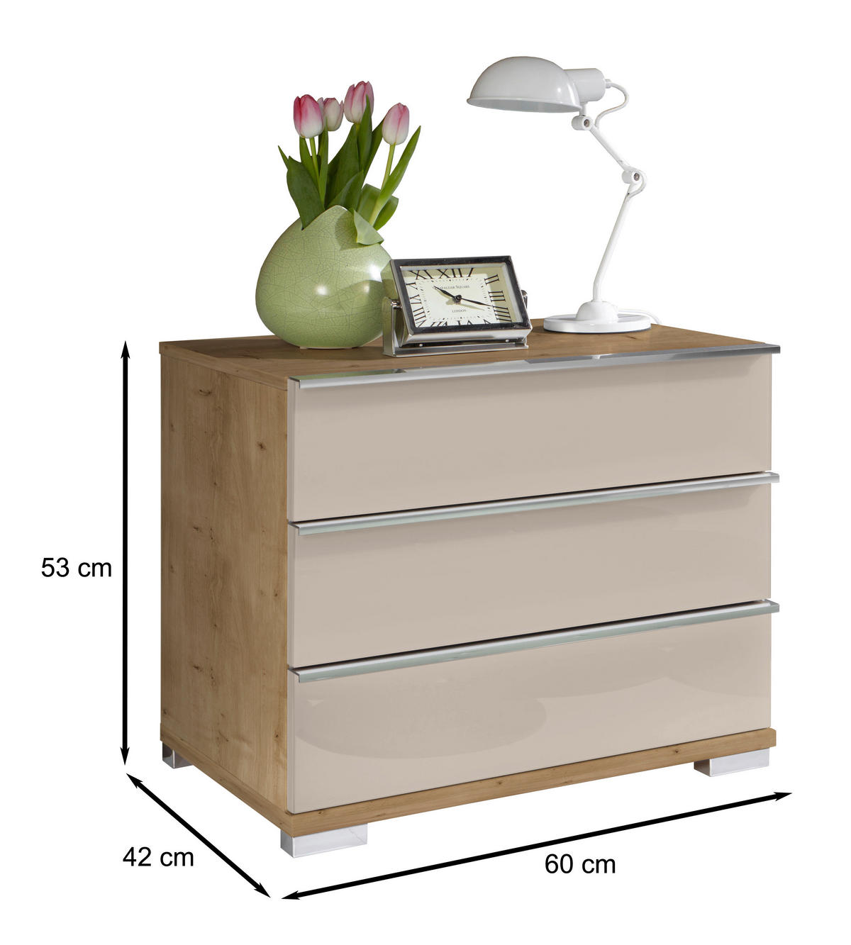 NACHTKÄSTCHEN 60/53/42 cm  in Champagner, Eiche Bianco  - Chromfarben/Eiche Bianco, Basics, Glas/Holzwerkstoff (60/53/42cm) - Venda