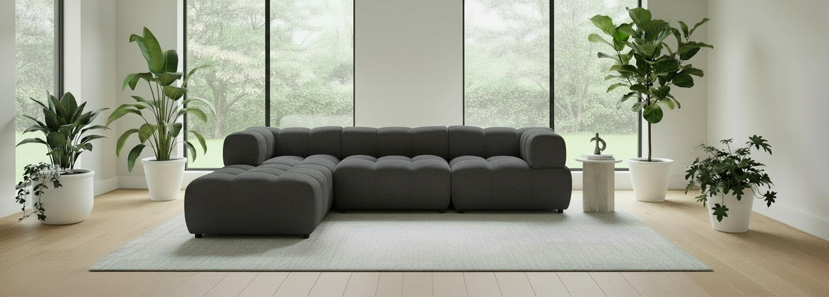 ECKSOFA ZAK Dunkelgrau Bouclé  - Dunkelgrau/Schwarz, Design, Kunststoff/Textil (280/186cm) - MID.YOU