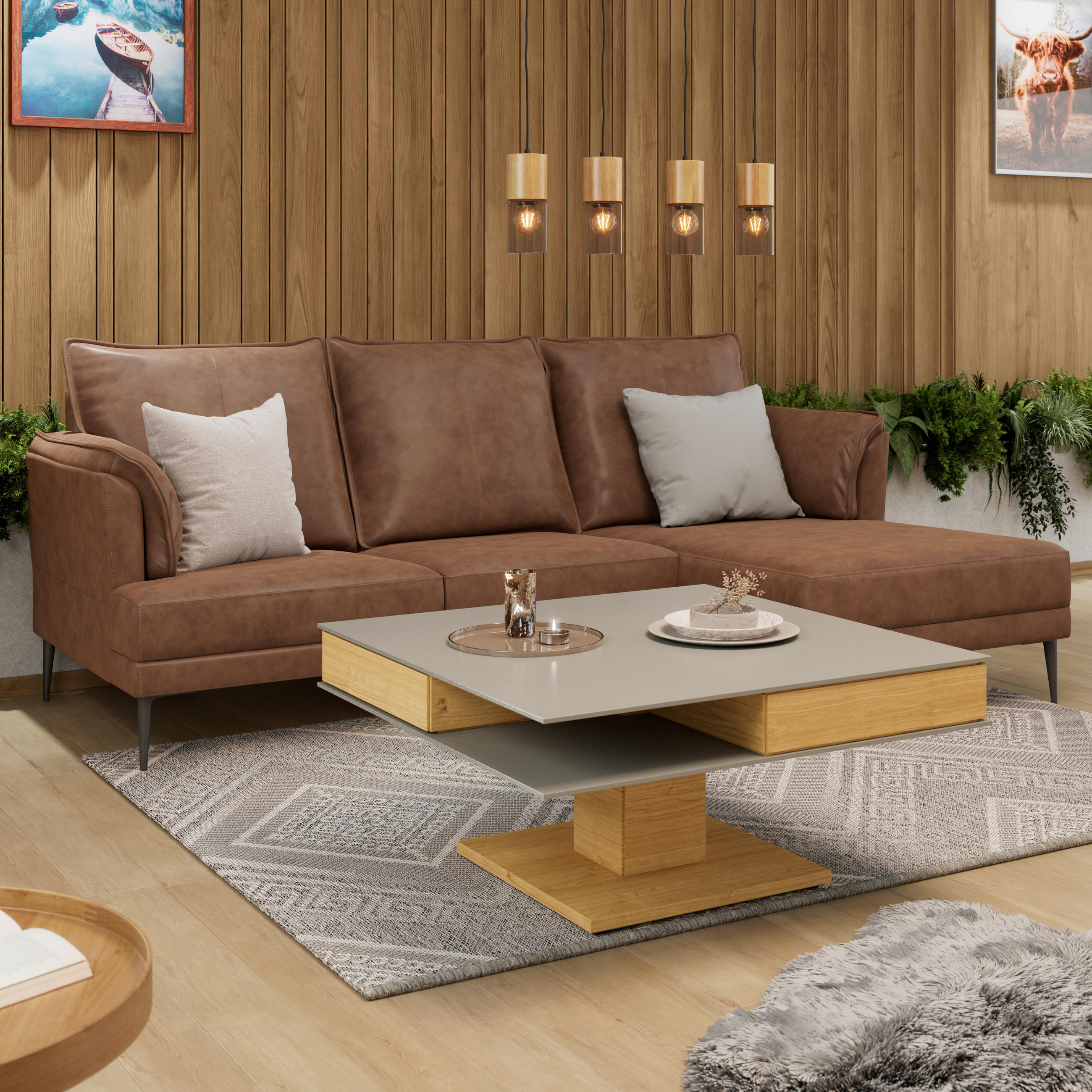COUCHTISCH in Holz, Glas, Holzwerkstoff 90/90/43 cm  - Eichefarben/Grau, Design, Glas/Holz (90/90/43cm) - Voglauer