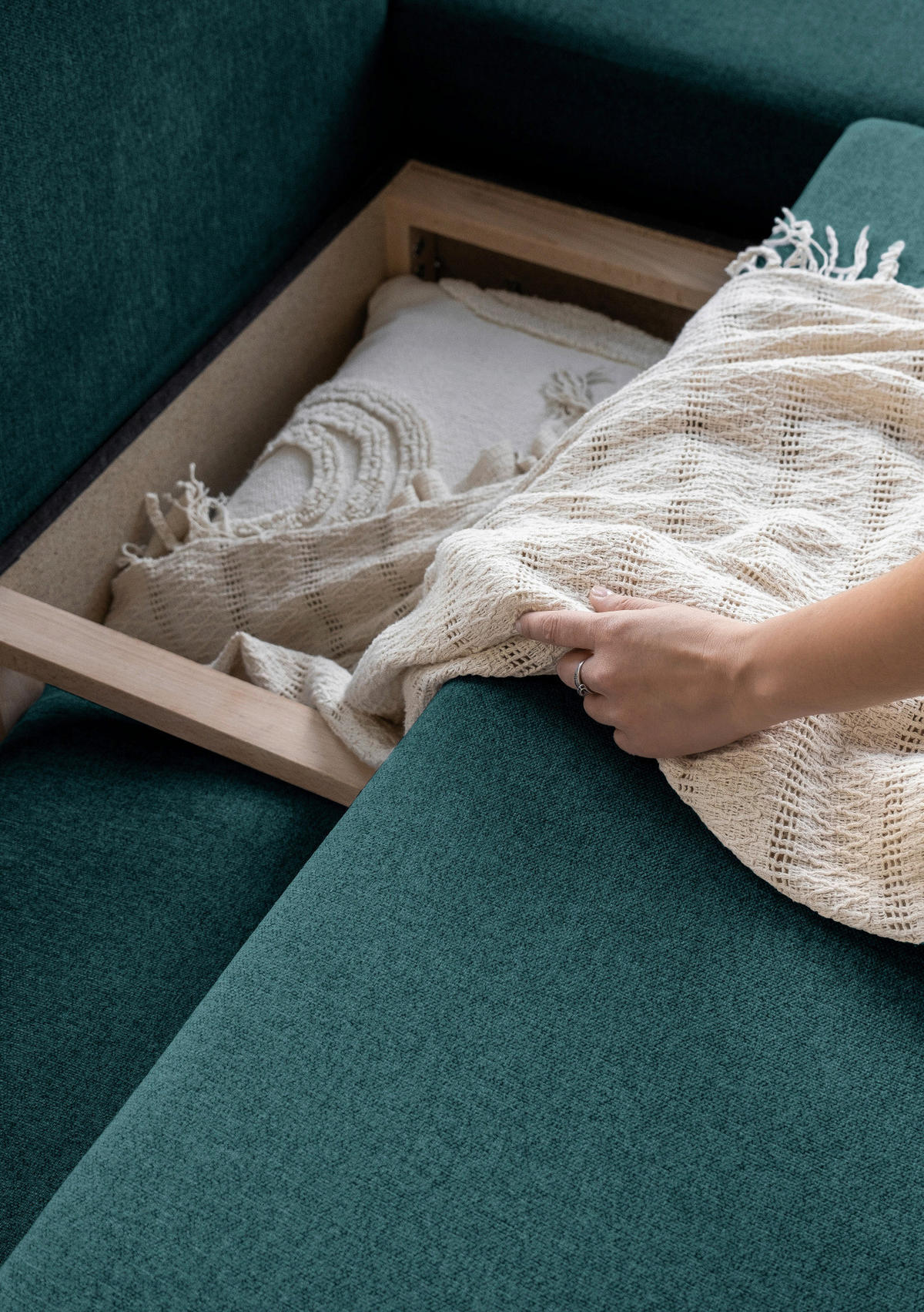 ECKSOFA Türkis Chenille  - Türkis/Naturfarben, Holz/Textil (242/202cm) - MID.YOU