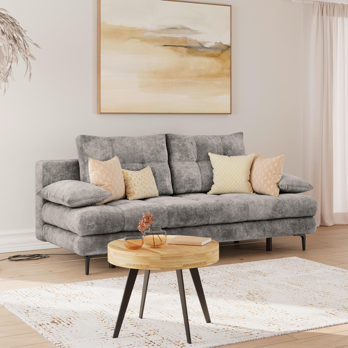 SCHLAFSOFA  mit Liegefunktion, Schlafen auf Sitzhöhe, Rücken echt Chenille Grau  - Schwarz/Grau, KONVENTIONELL, Textil/Metall (203/94/96cm) - Carryhome