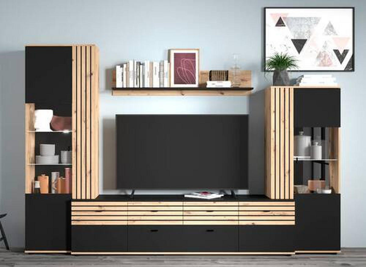 WOHNWAND  in Schwarz, Eiche Artisan  300/199,8/45 cm  - Schwarz/Eiche Artisan, KONVENTIONELL, Glas/Holzwerkstoff (300/199,8/45cm) - Carryhome