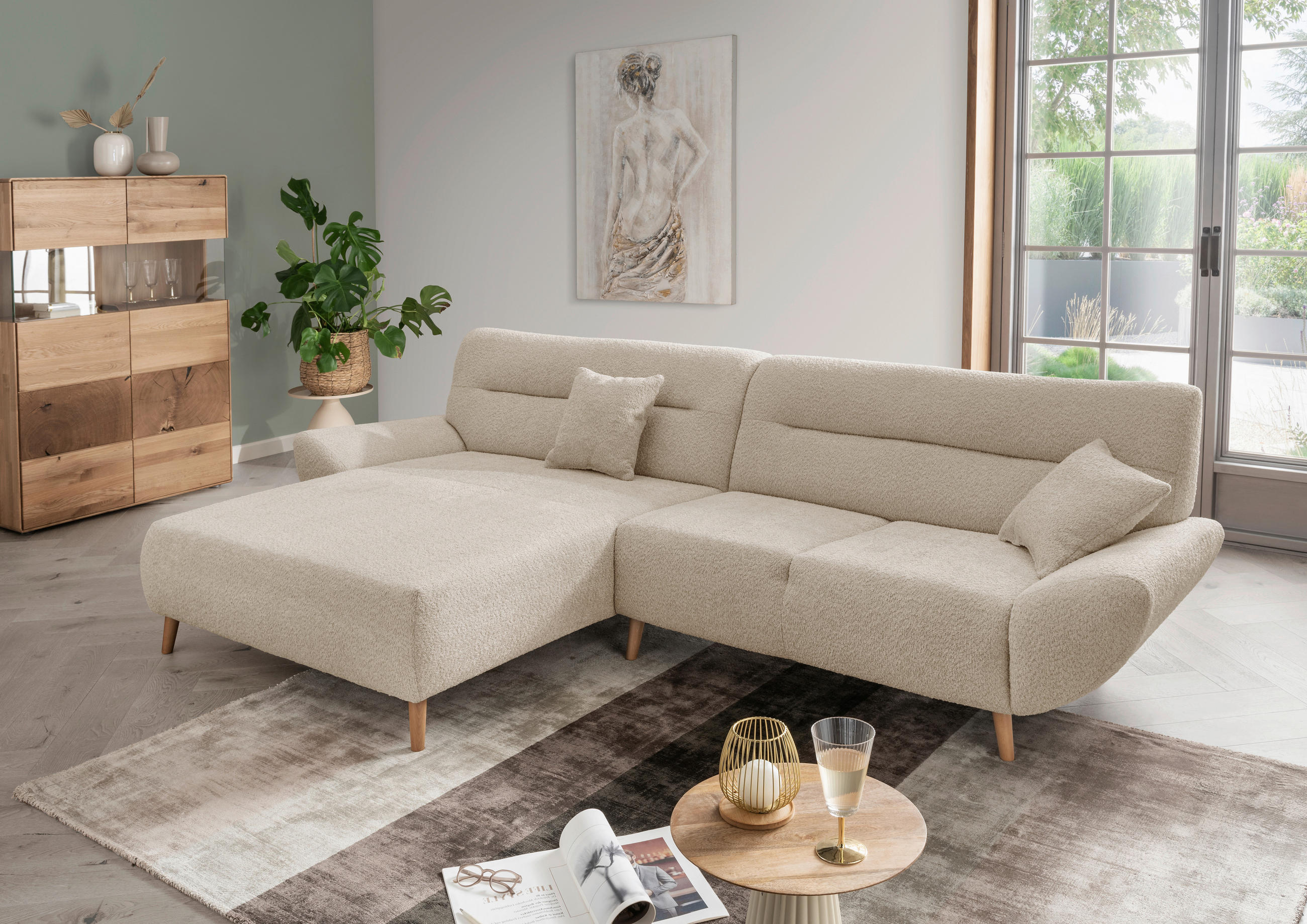 ECKSOFA in Bouclé Beige  166/290 cm  - Wildeiche/Beige, KONVENTIONELL, Holz/Textil (166/290cm) - MID.YOU