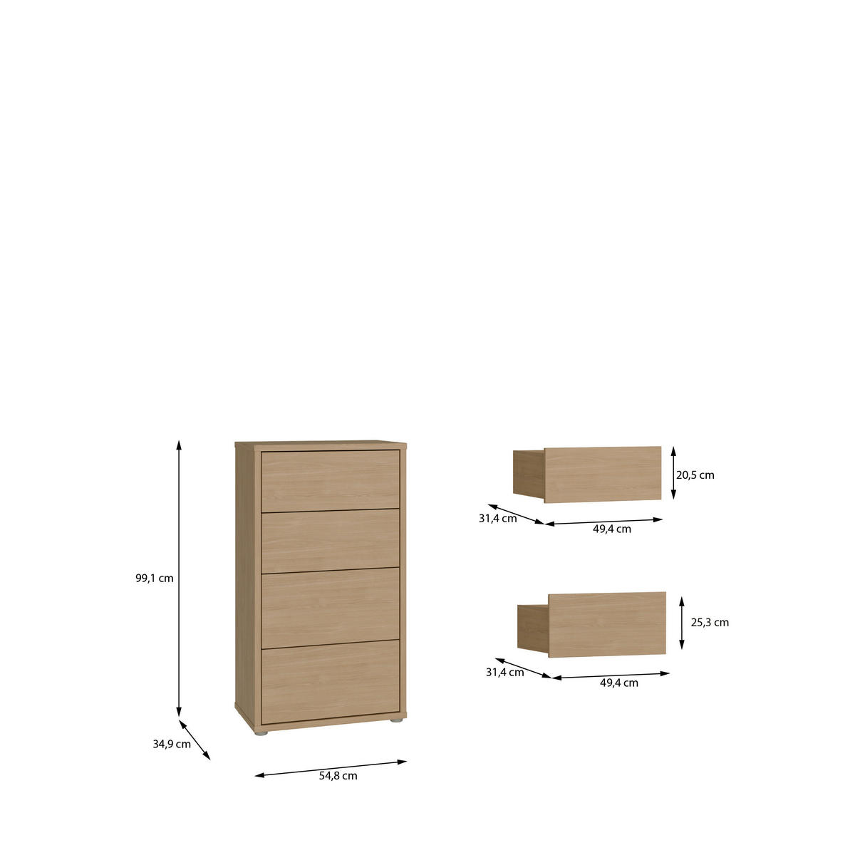 KOMMODE , 55/99/35 cm, 4 Schublade(n)  - Eichefarben/Silberfarben, Trend, Holzwerkstoff/Kunststoff (55/99/35cm) - Carryhome