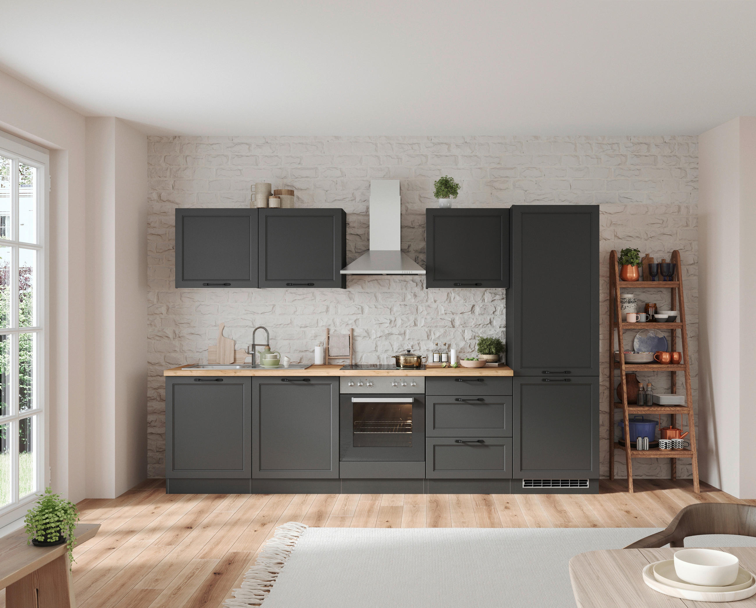 KÜCHENBLOCK 300 cm   in Grau, Eiche Wotan  - Eiche Wotan/Schwarz, LIFESTYLE, Holzwerkstoff/Metall (300cm) - Held