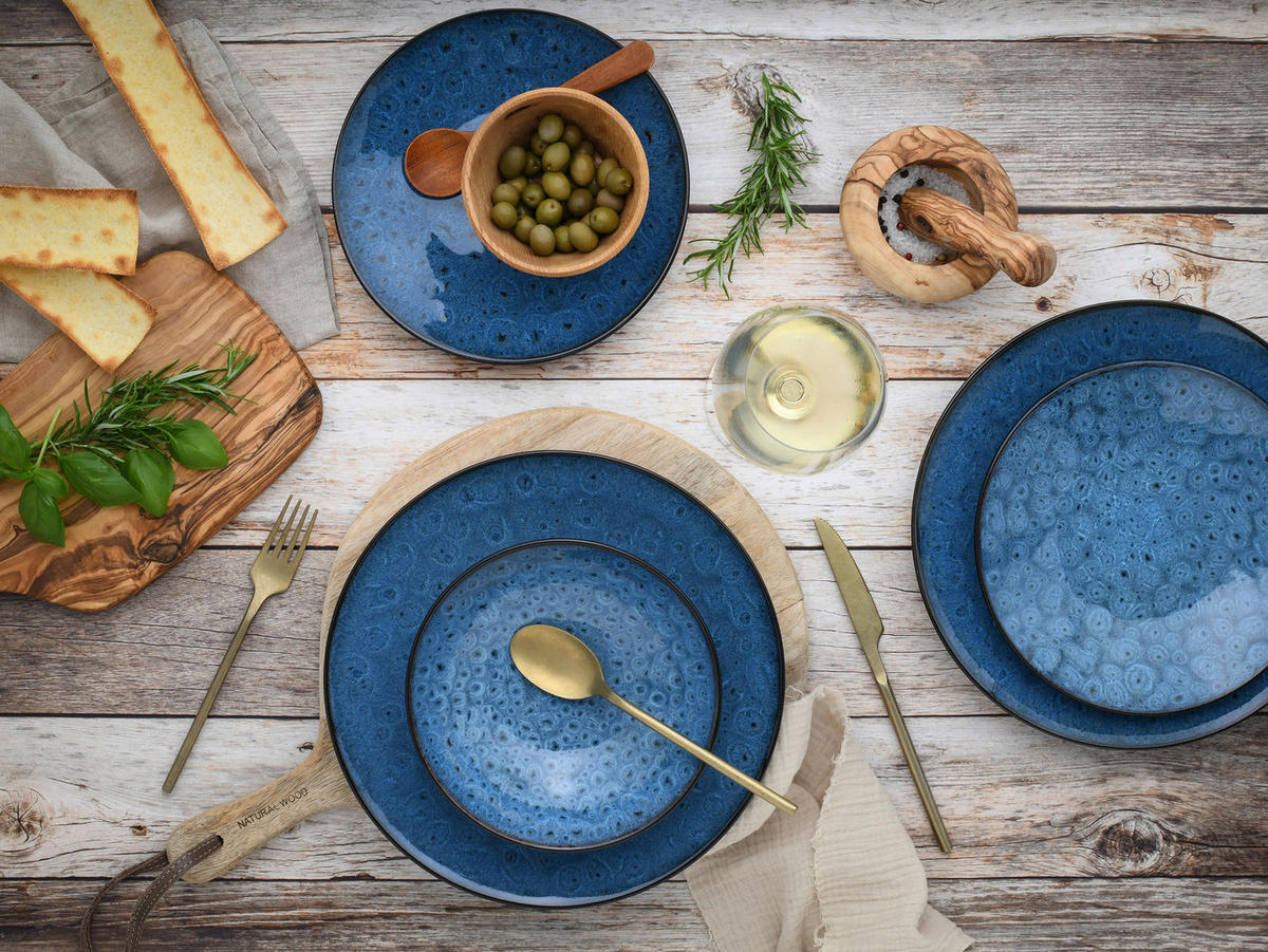 TAFELSERVICE Blau, Schwarz, Petrol Capri 12-teilig  - Blau/Petrol, Basics, Keramik - Creatable