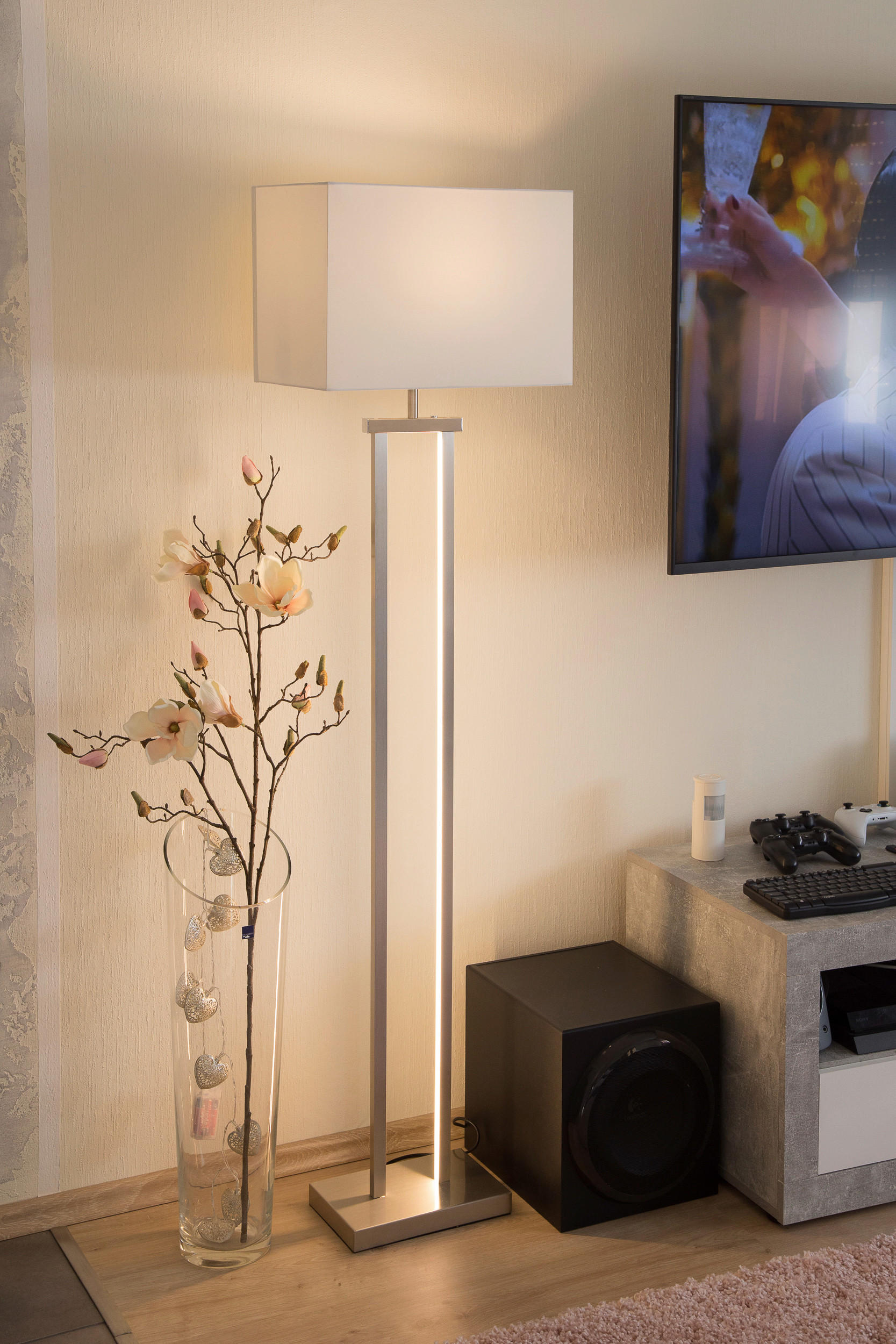LED-STEHLEUCHTE - Weiss/Nickelfarben, Konventionell, Textil/Metall (27/40/150cm) - Globo