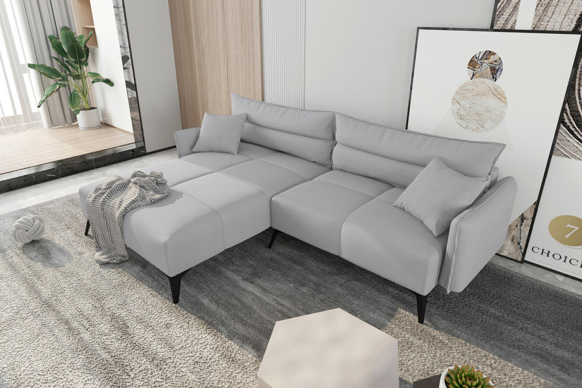 ECKSOFA in Cord Hellgrau  180/253 cm  - Hellgrau/Schwarz, KONVENTIONELL, Textil/Metall (180/253cm) - Carryhome