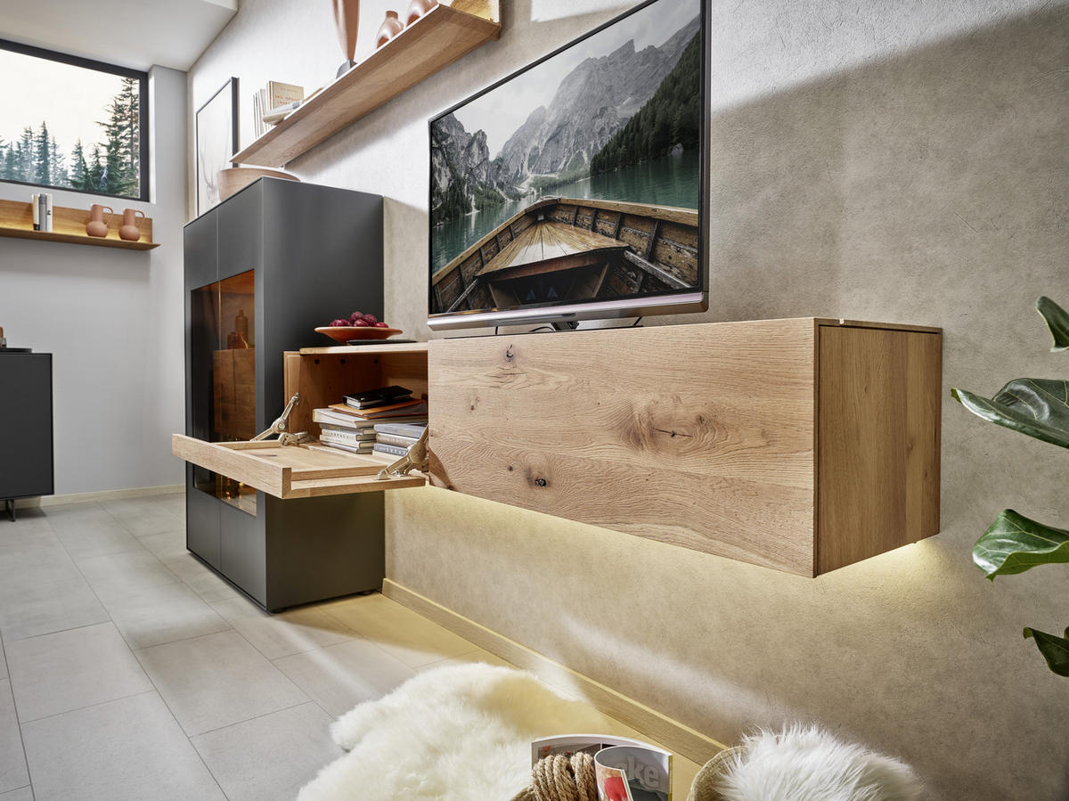 WOHNWAND  in Anthrazit, Eichefarben 299/148/44 cm  - Eichefarben/Anthrazit, Natur, Glas/Holz (299/148/44cm) - Valnatura