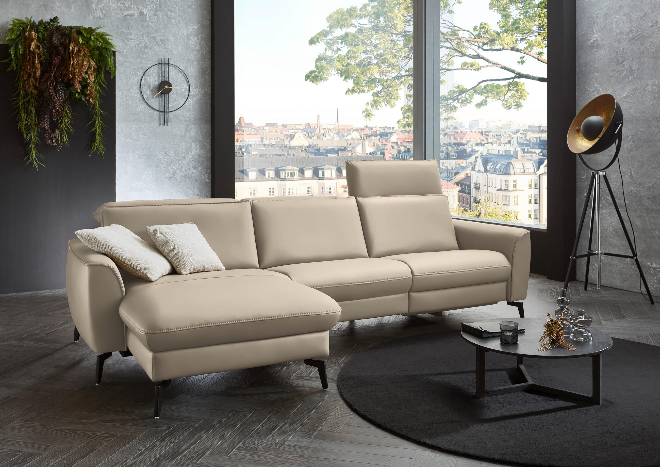 ECKSOFA in Echtleder Ecru  - Ecru/Schwarz, Natur, Leder/Metall (168/281cm) - Valdera