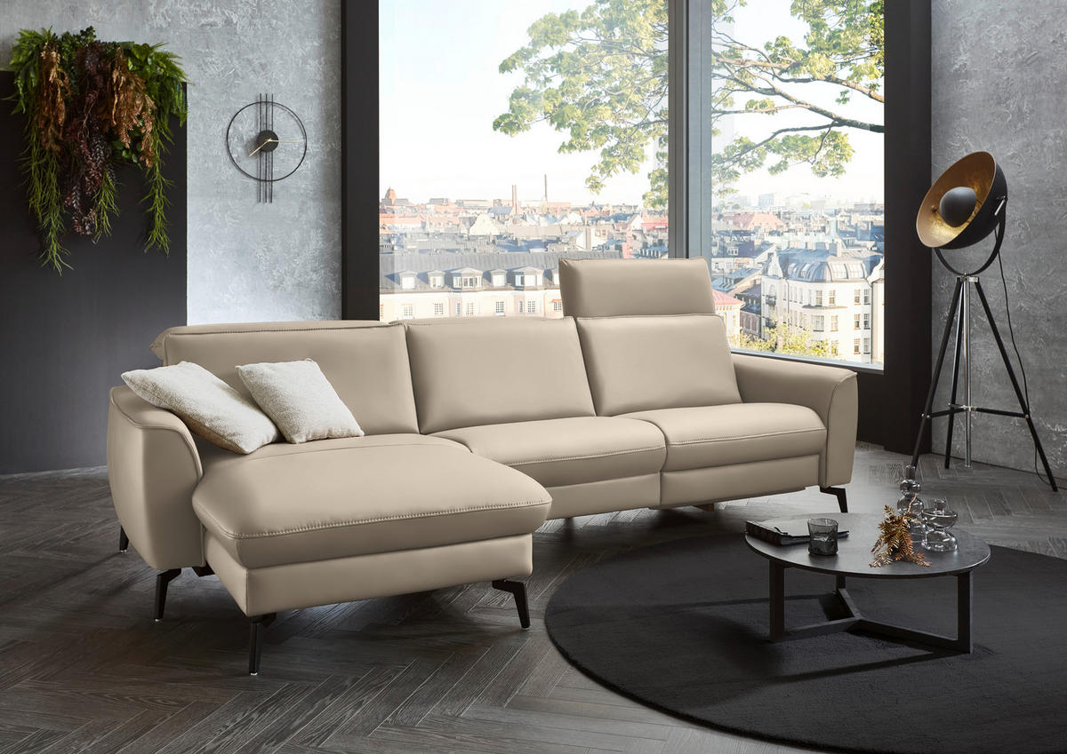 ECKSOFA in Echtleder Ecru  168/281 cm  - Ecru/Schwarz, Natur, Leder/Metall (168/281cm) - Valdera