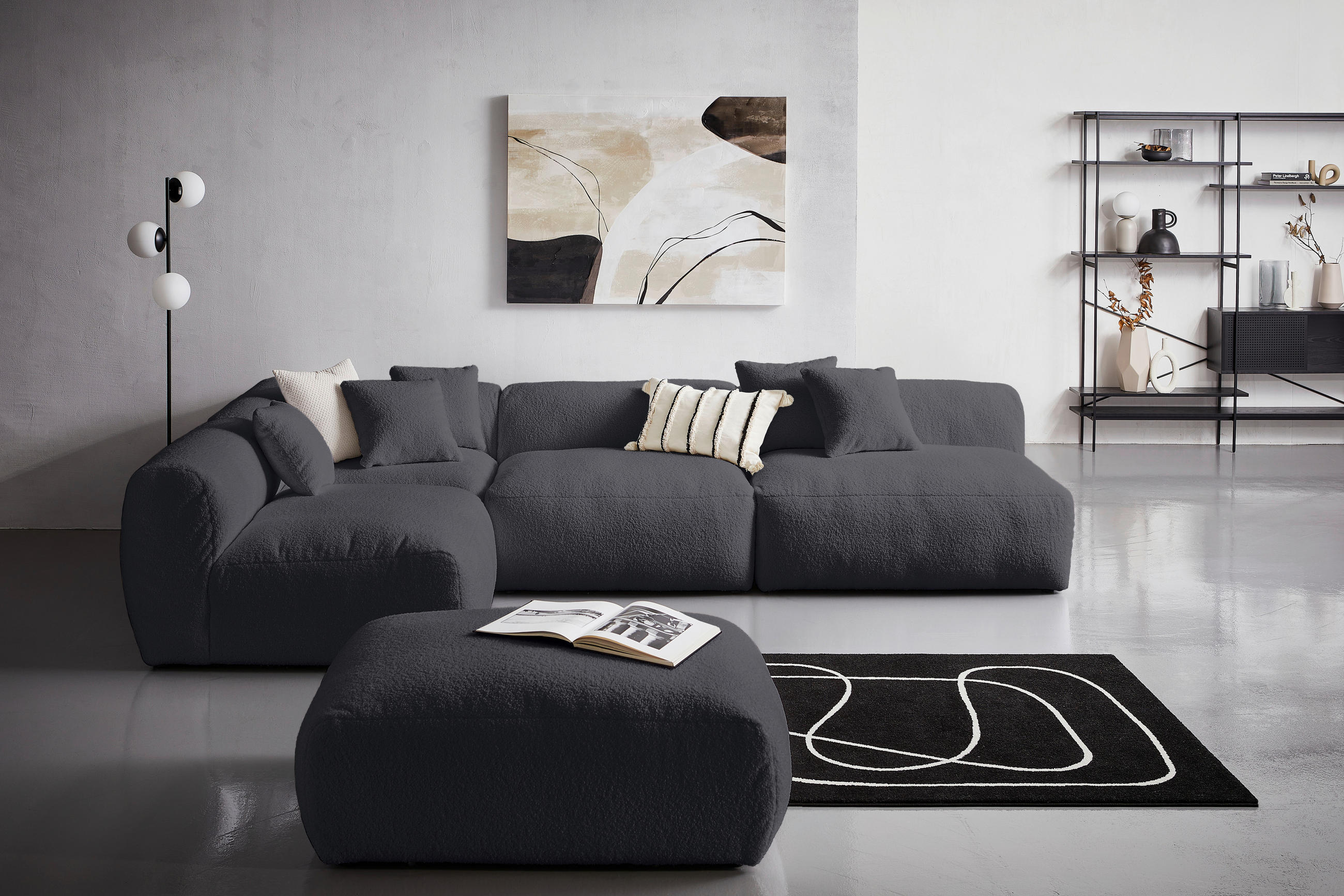 ECKSOFA inkl. Hocker in Flachgewebe, Teddystoff Dunkelgrau - Dunkelgrau, Trend, Textil (235/315cm) - Livetastic