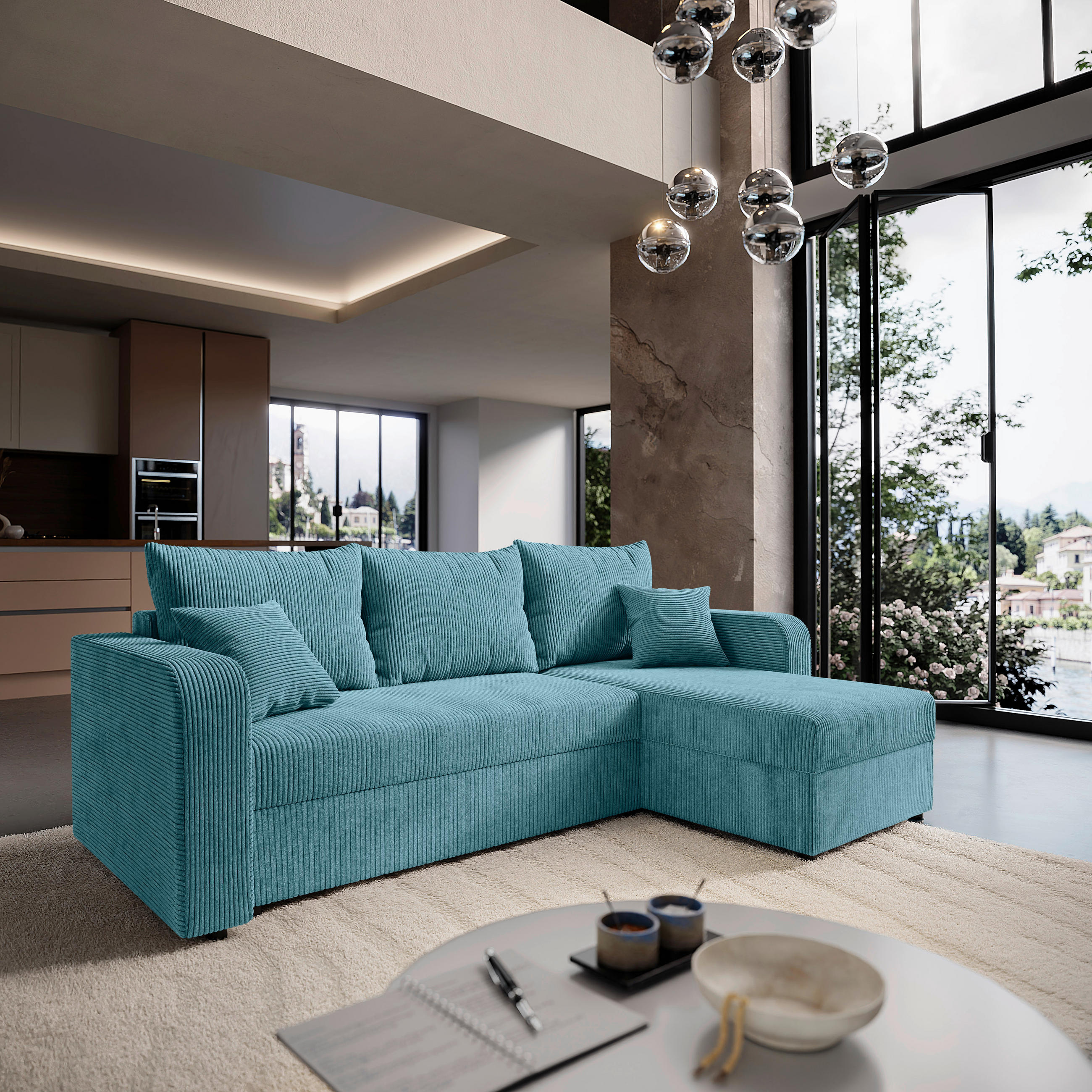 ECKSOFA Türkis Cord  - Türkis/Schwarz, KONVENTIONELL, Kunststoff/Textil (140/240cm) - Carryhome