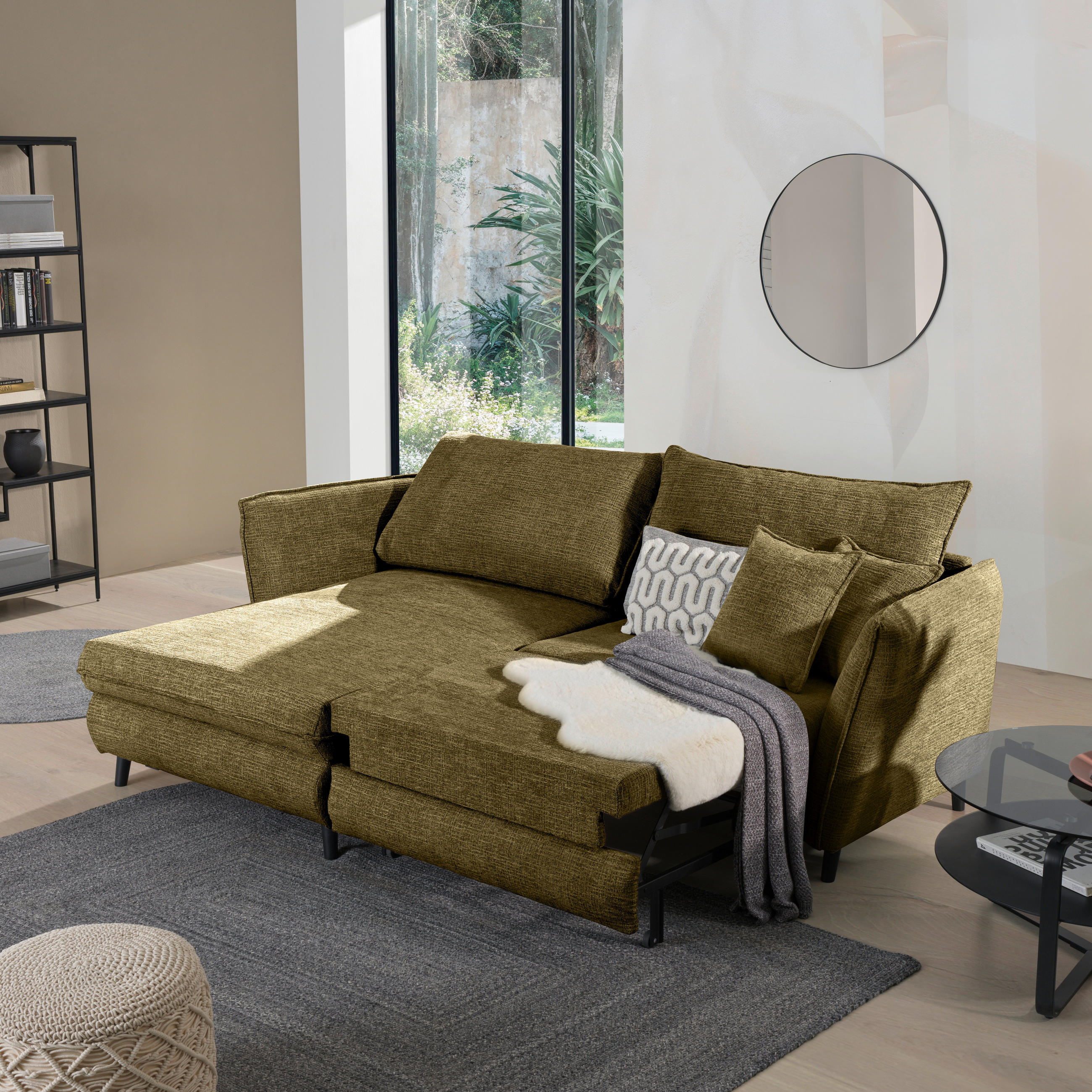HÖRNSOFFA i struktur olivgrön  - olivgrön/svart, Design, trä/textil (245/161cm) - Livetastic
