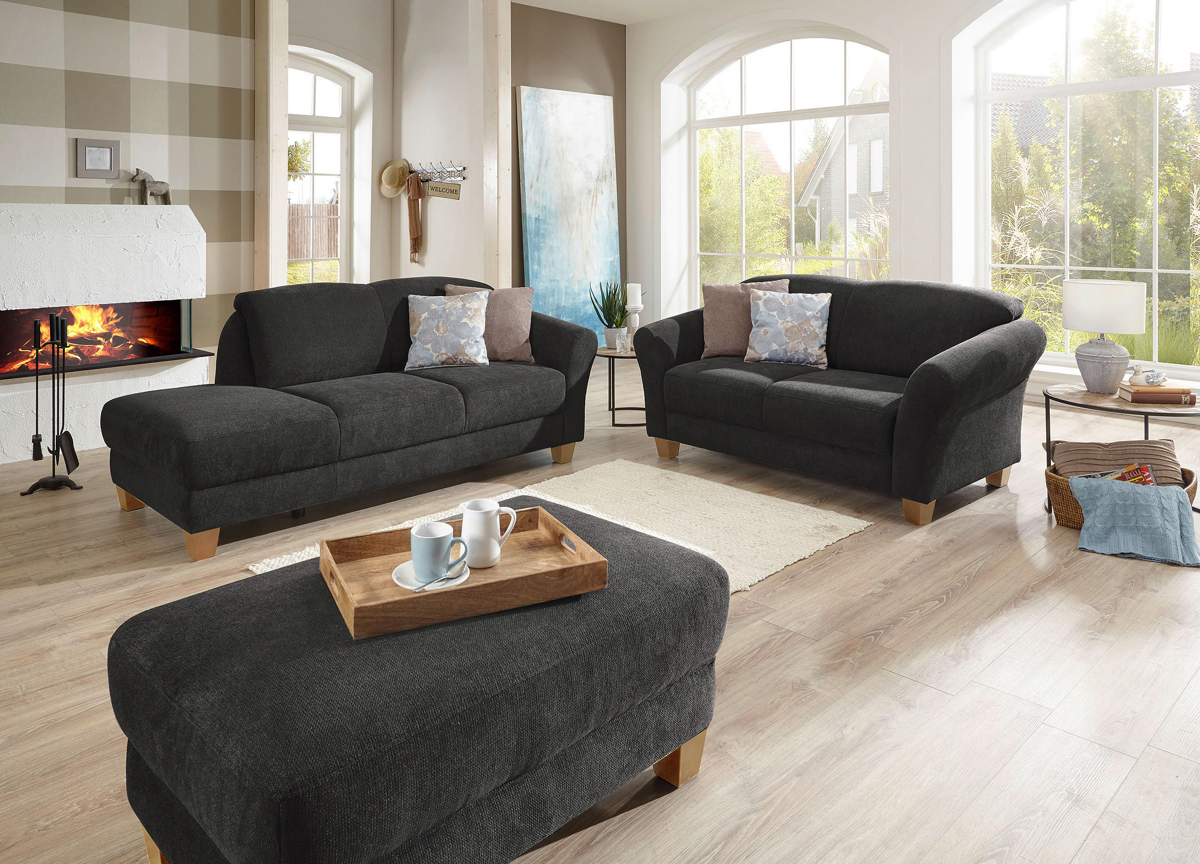 HOCKER in Textil Schwarz  - Schwarz/Naturfarben, Konventionell, Holz/Textil (101/45/66cm) - Sit & More