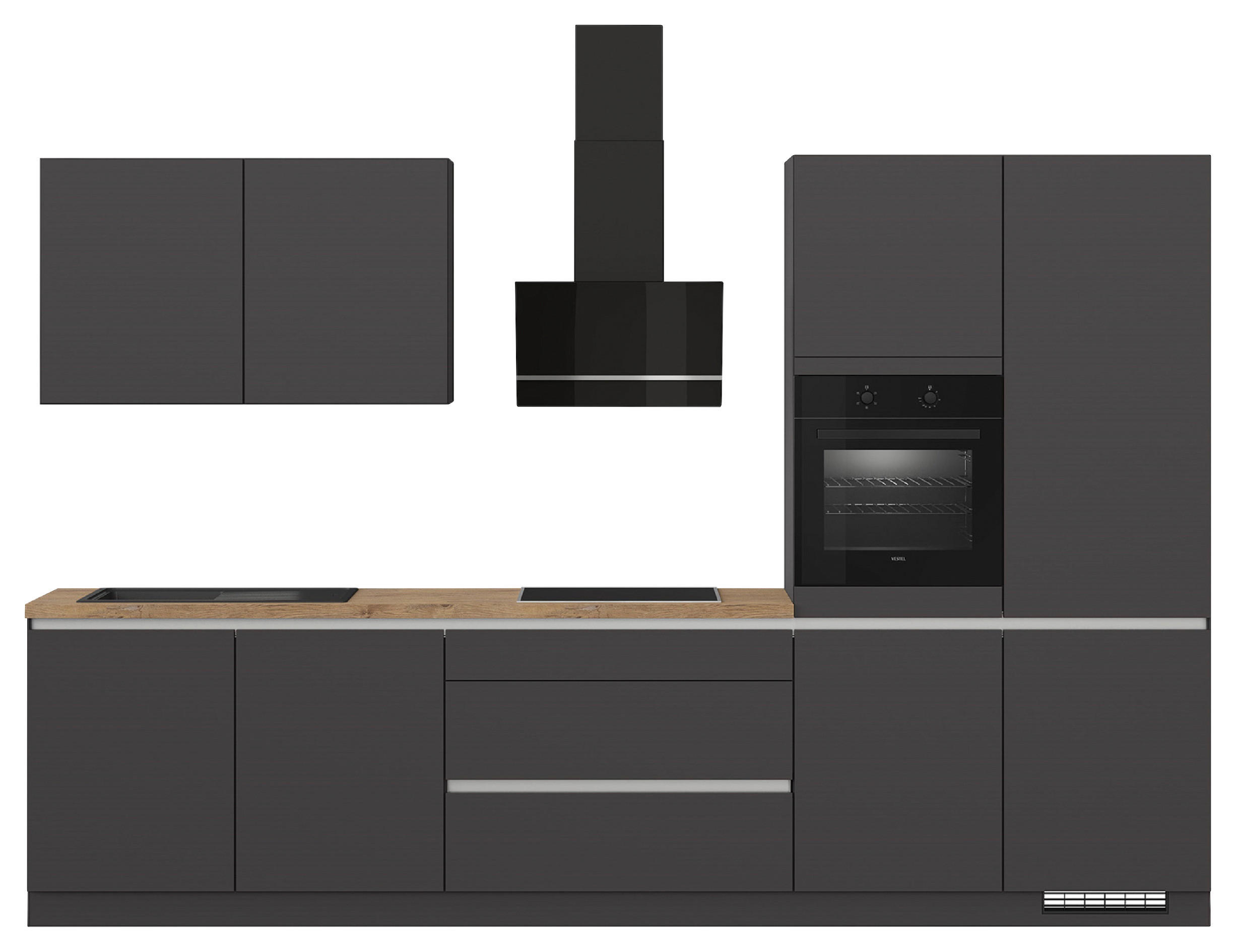 KÜCHENLEERBLOCK 340 cm   Graphitfarben  - Edelstahlfarben/Eichefarben, Design, Holzwerkstoff/Metall (340cm) - Impuls