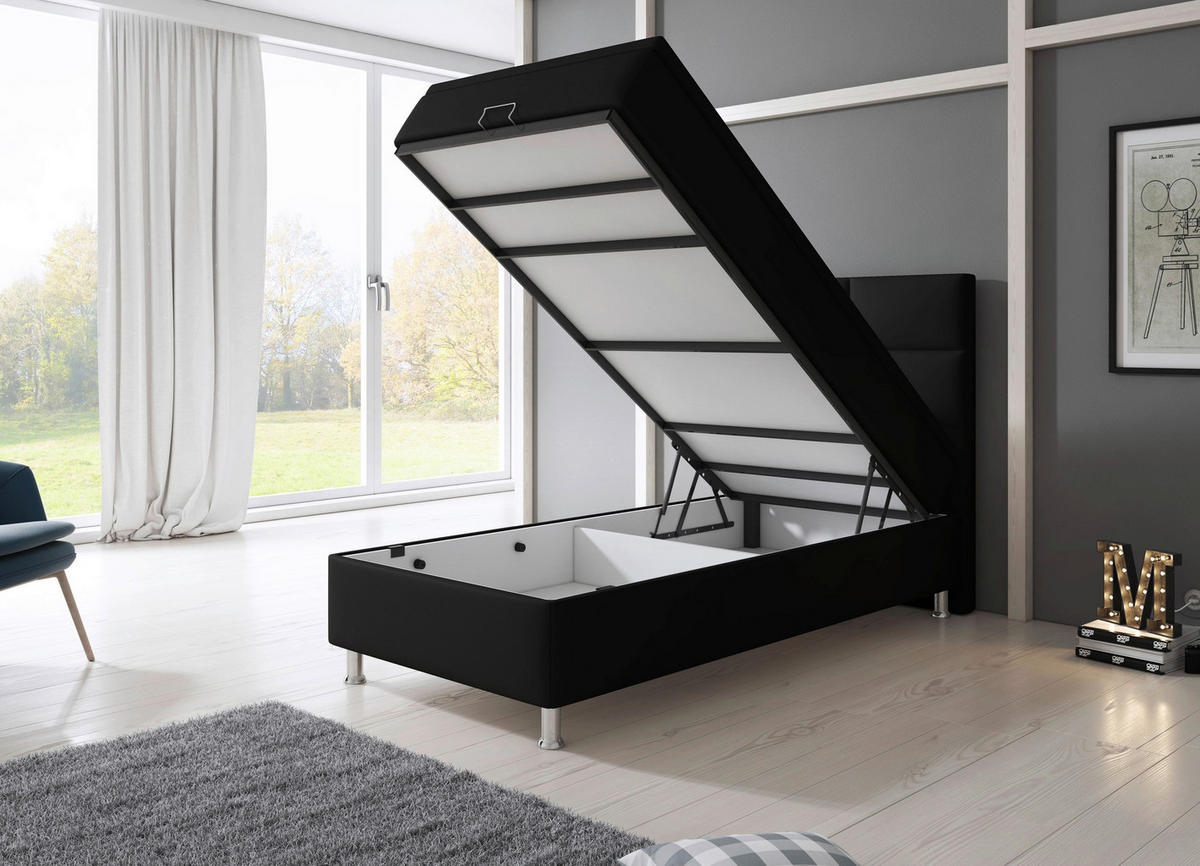 Boxspringbett mit Topper  in Schwarz  - Silberfarben/Schwarz, KONVENTIONELL, Leder/Textil (90/115/210cm) - MID.YOU