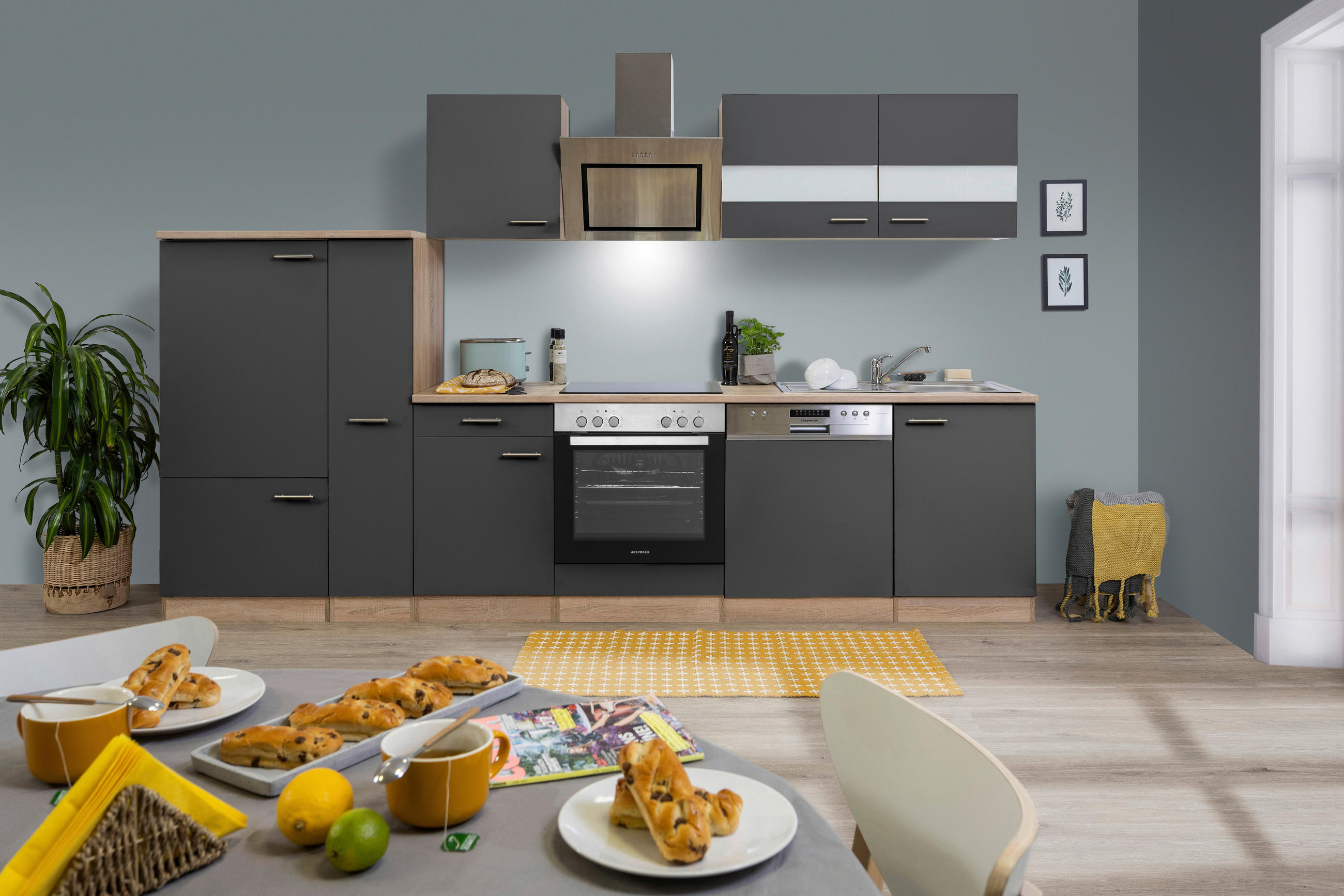 KÜCHENBLOCK 310 cm   in Grau  - Edelstahlfarben/Eichefarben, Basics, Holzwerkstoff/Metall (310cm) - Respekta