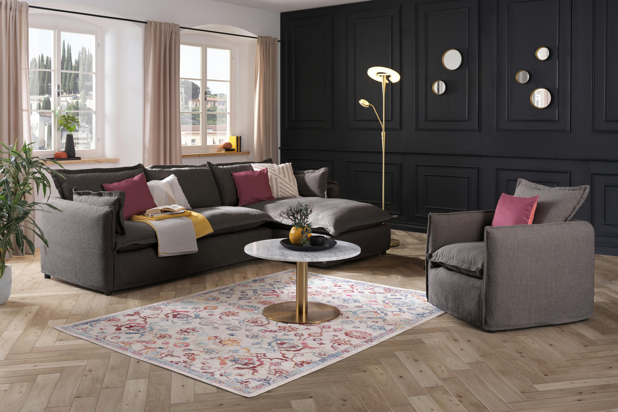 HUSSEN-ECKSOFA in Flachgewebe, Bouclé Grau - Schwarz/Grau, Trend, Textil/Metall (295/165cm) - Livetastic