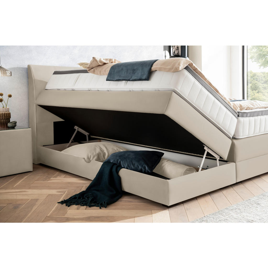 Thumbnail - Novel Boxspringbett, Beige, Textil, Wenge, H3 + H4, 7-Zonen, Höhe ca. 27 cm, 180x200 cm, Bettkasten, gepolstertes Kopfte...
