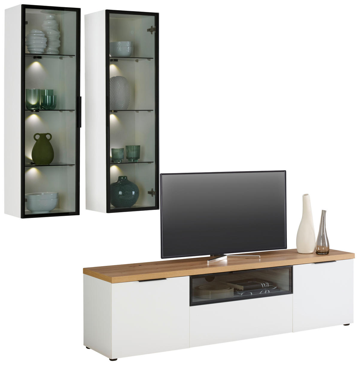 LOWBOARD  in 180/50/43 cm  - Weiss/Eichefarben, Design, Glas/Holzwerkstoff (180/50/43cm) - Stylife
