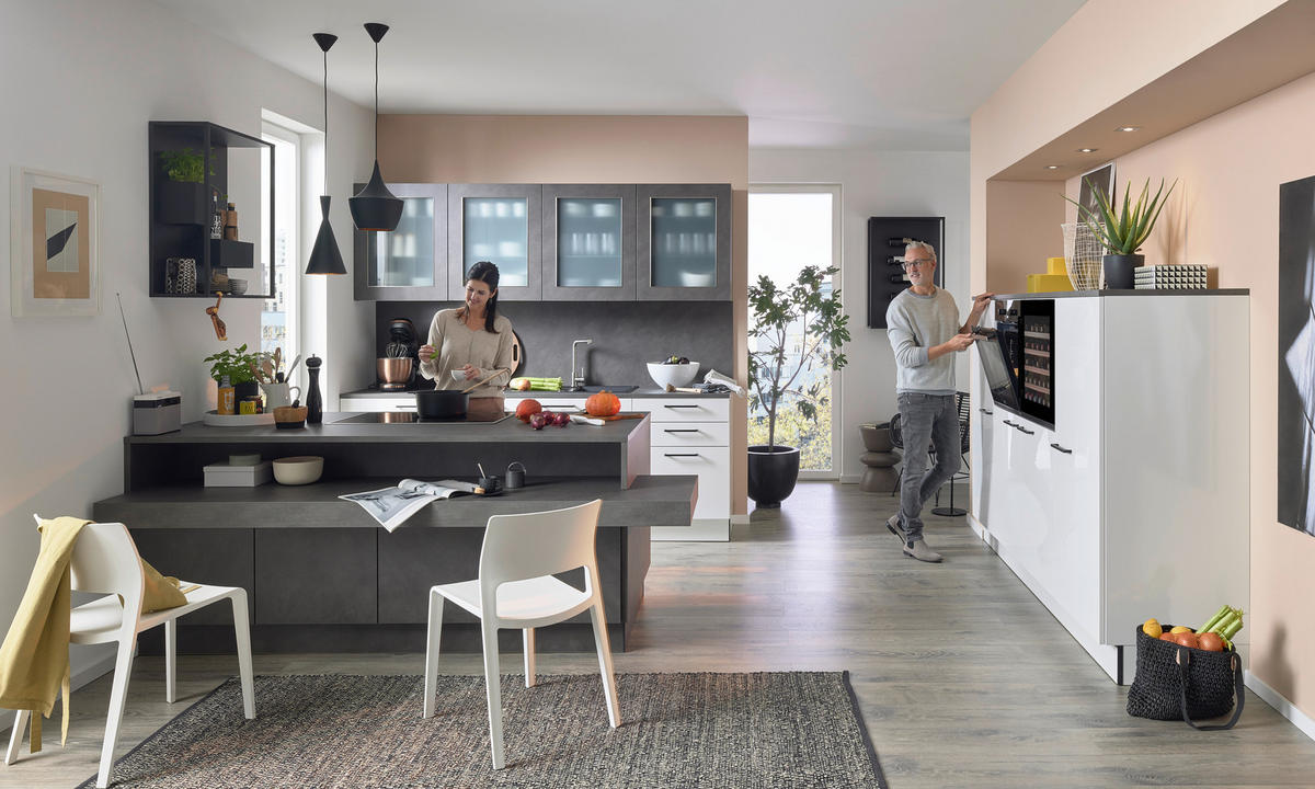 EINBAUKÜCHE L16  - Weiß Hochglanz/Grau, Design, Holzwerkstoff - Dieter Knoll