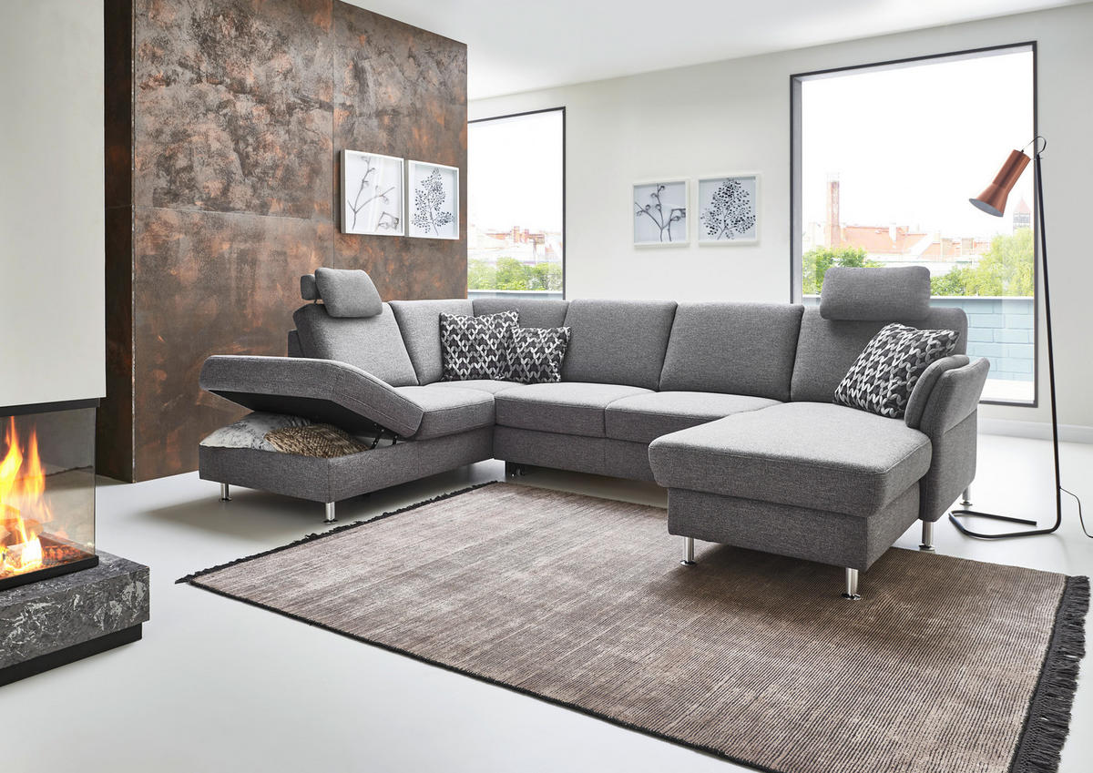 WOHNLANDSCHAFT in Flachgewebe Grau  - Chromfarben/Grau, Konventionell, Textil/Metall (168/305/200cm) - Beldomo System
