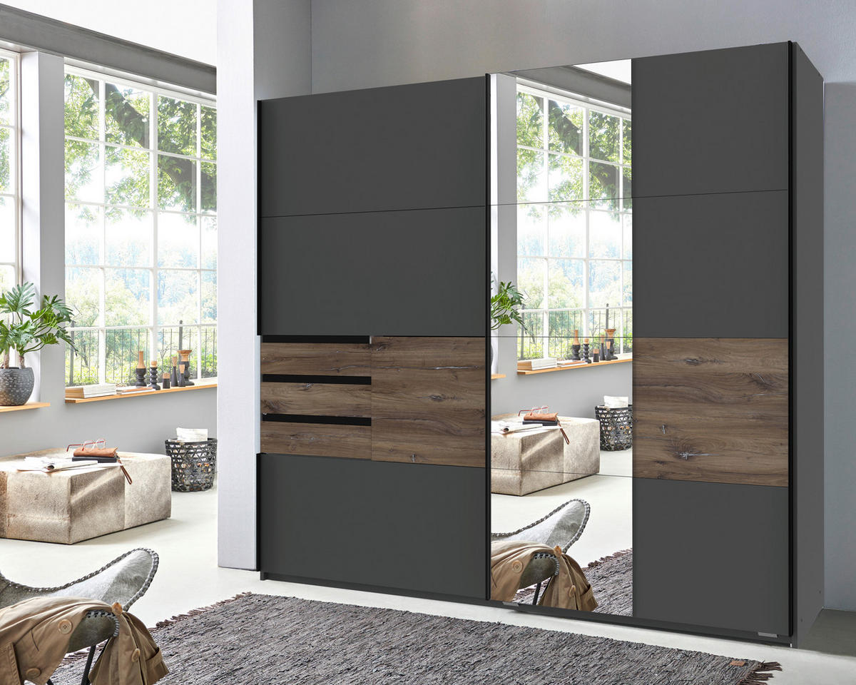 SCHWEBETÜRENSCHRANK in Graphitfarben, Eichefarben  - Eichefarben/Schwarz, Konventionell, Glas/Holzwerkstoff (180/198/65cm) - Modante