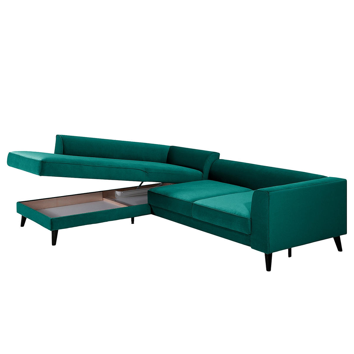 ECKSCHLAFSOFA in Samt Petrol  - Wengefarben/Petrol, Modern, Holz/Textil (264/85/203cm) - Trendmanufaktur