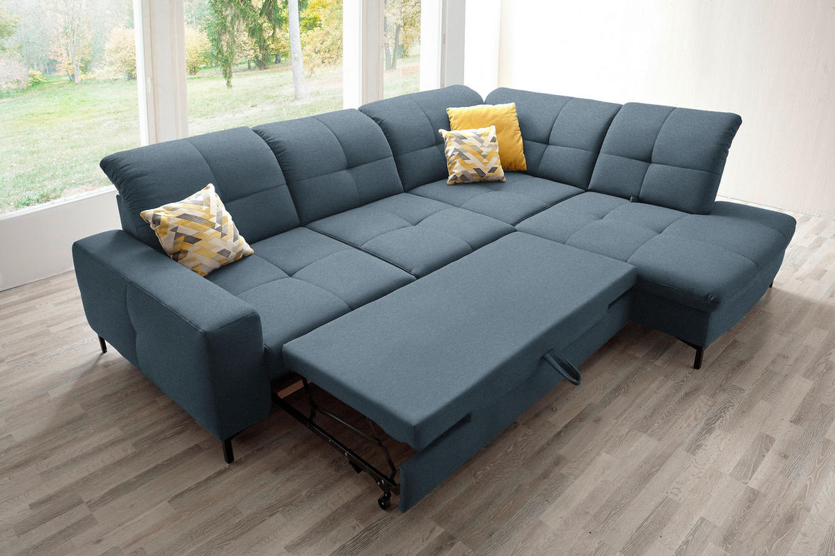 ECKSOFA in Chenille Blau  - Blau/Schwarz, Design, Textil/Metall (310/240cm) - Xora