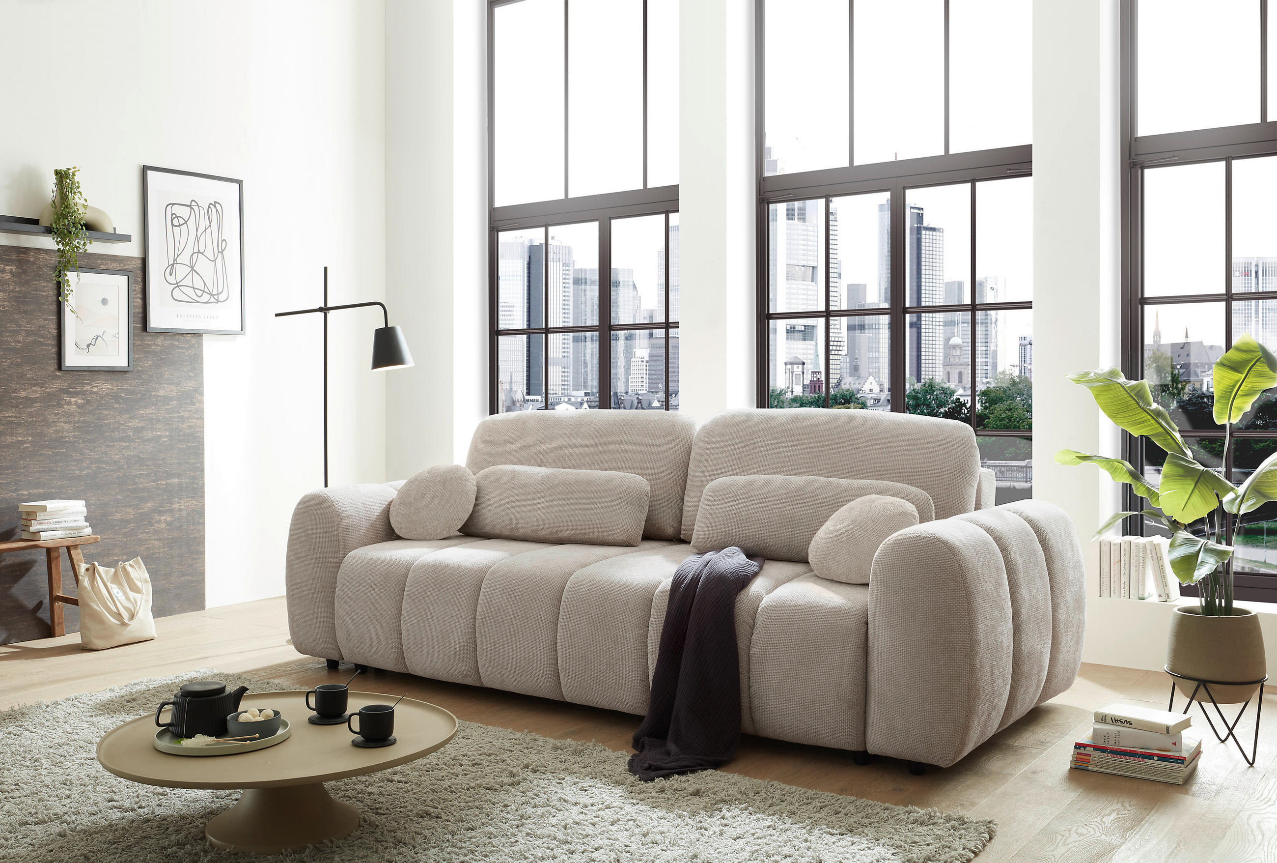 SCHLAFSOFA BUBBLE Webstoff Beige  inkl. Zierkissen, Nierenkissen, Bettkasten, Liegefläche im Originalstoff  - Beige/Schwarz, Design, Kunststoff/Textil (256/76/112cm) - MID.YOU