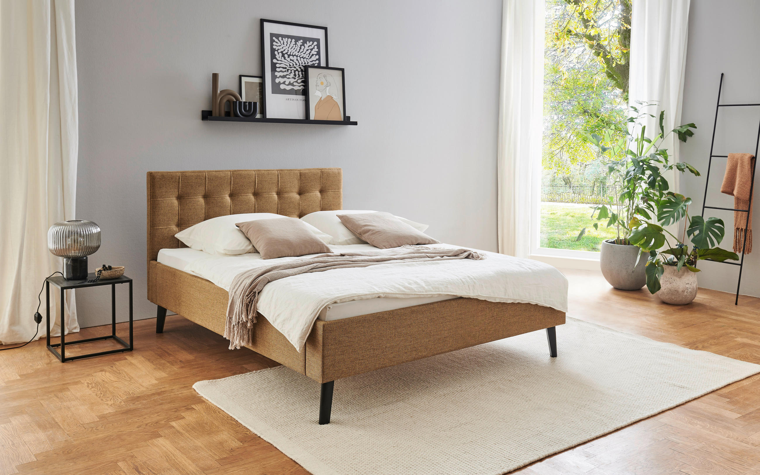 POLSTERBETT 140/200 cm  in Bernsteinfarben  - Bernsteinfarben/Schwarz, Basics, Holz/Textil (140/200cm) - Boxxx