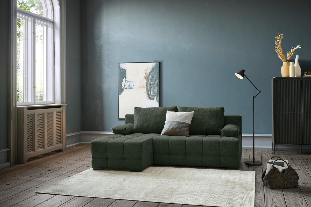 ECKSOFA  in Chenille Dunkelgrün  - Dunkelgrün/Schwarz, MODERN, Kunststoff/Textil (145/204cm) - home24