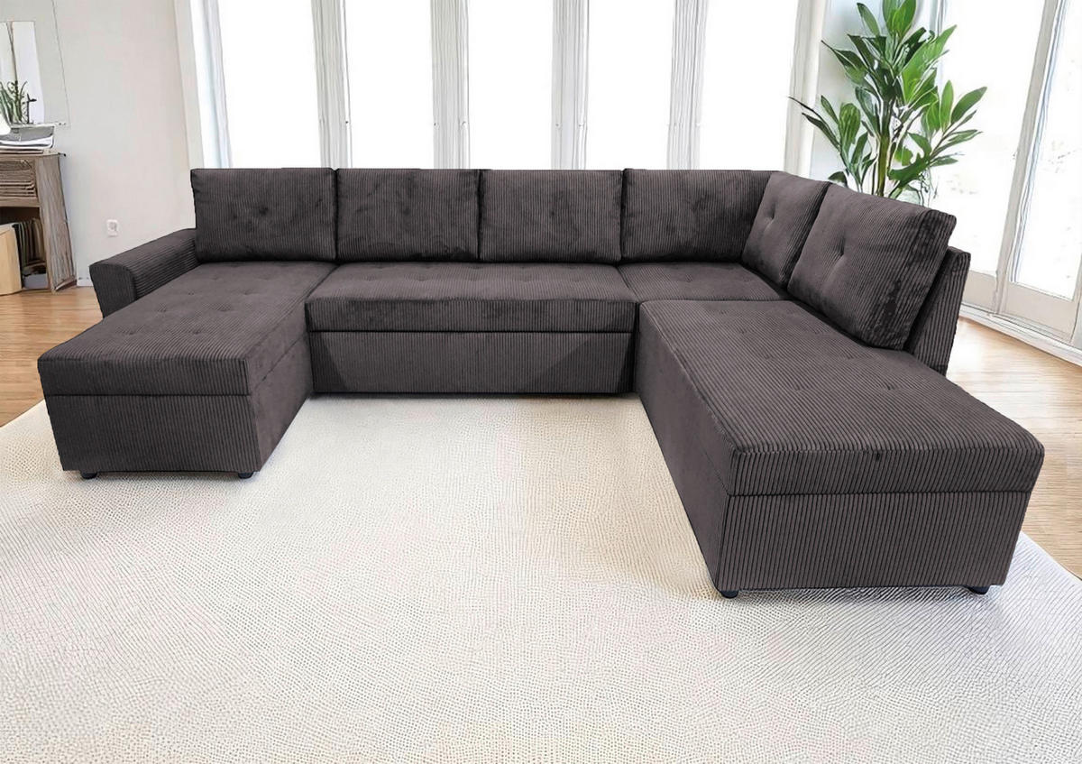 WOHNLANDSCHAFT TERMOLI Graubraun Cord  - Graubraun/Schwarz, Design, Kunststoff/Textil (155/297/212cm) - MID.YOU