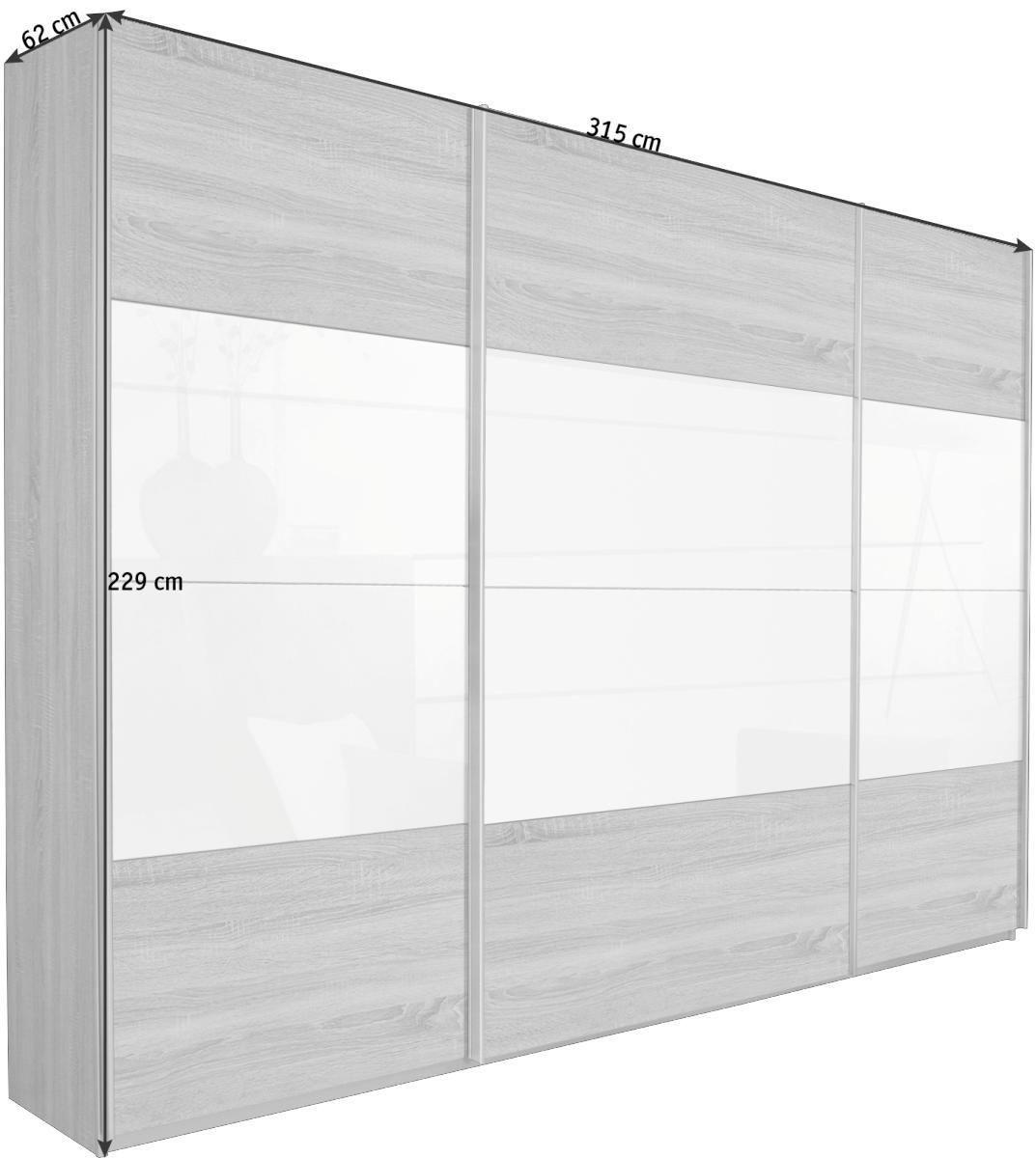 SCHWEBETÜRENSCHRANK  in Weiß, Sonoma Eiche  - Alufarben/Weiß, KONVENTIONELL, Glas/Holzwerkstoff (315/229/62cm) - Xora