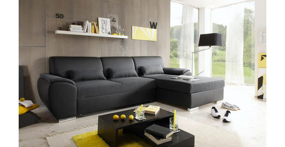 WOHNLANDSCHAFT Lederlook Bettkasten, Nierenkissen, Rücken echt, Schlaffunktion Anthrazit, Schwarz - Chromfarben/Anthrazit, Design, Textil/Metall (277/84/173cm) - Cantus
