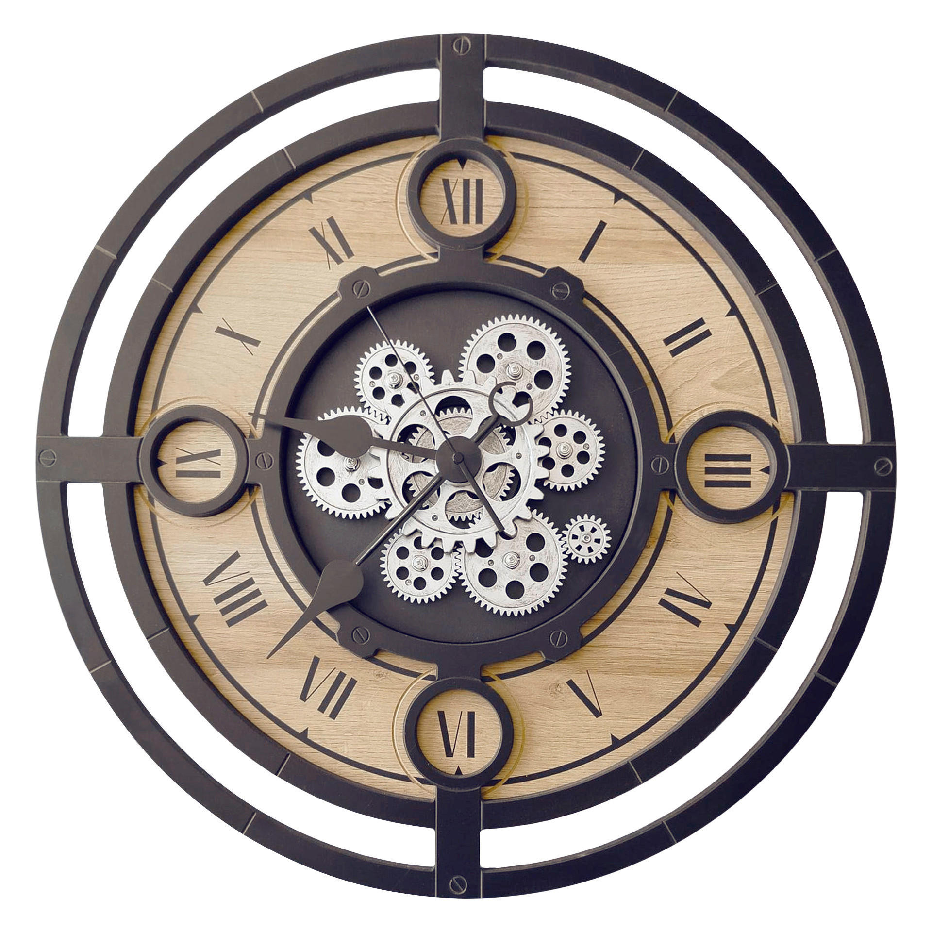 WANDUHR - Schwarz, Silberfarben, Eichefarben  - Eichefarben/Silberfarben, Basics, Holz/Kunststoff (57cm)