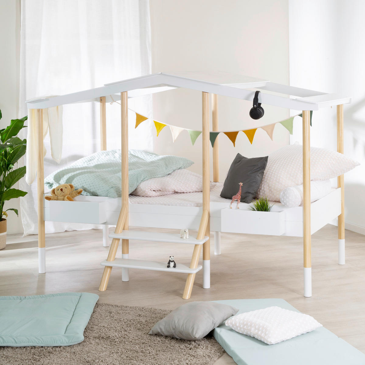 HAUSBETT 90/200 cm,  in Weiß, Kieferfarben, Leiter, Lattenrost  - Weiß/Kieferfarben, Basics, Holz (90/200cm) - Xora