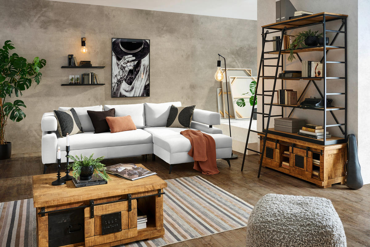 ECKSOFA in Chenille Weiss  - Weiss/Schwarz, Konventionell, Textil/Metall (265/184cm) - Hom`in