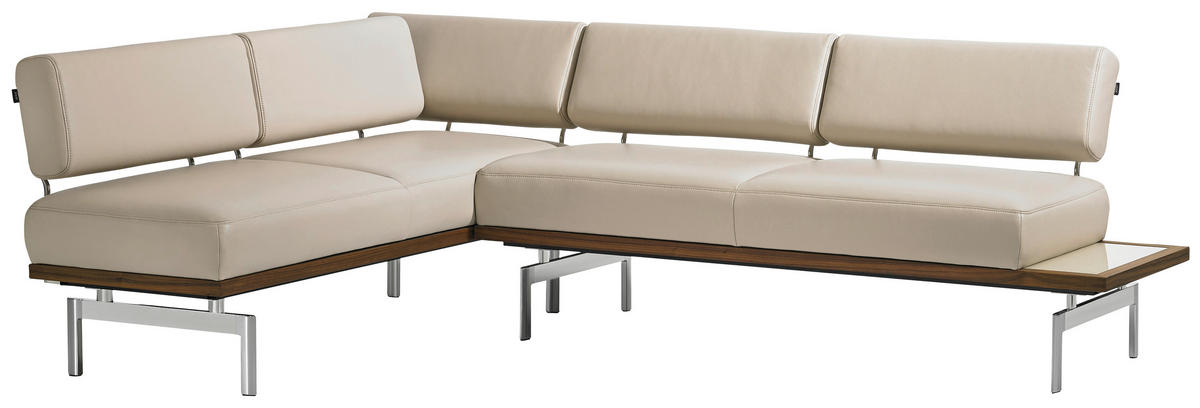 ECKBANK 190/266 cm  in Creme, Nussbaumfarben, Alufarben, Hellbraun  - Hellbraun/Nussbaumfarben, Design, Glas/Leder (190/266cm) - Joop!