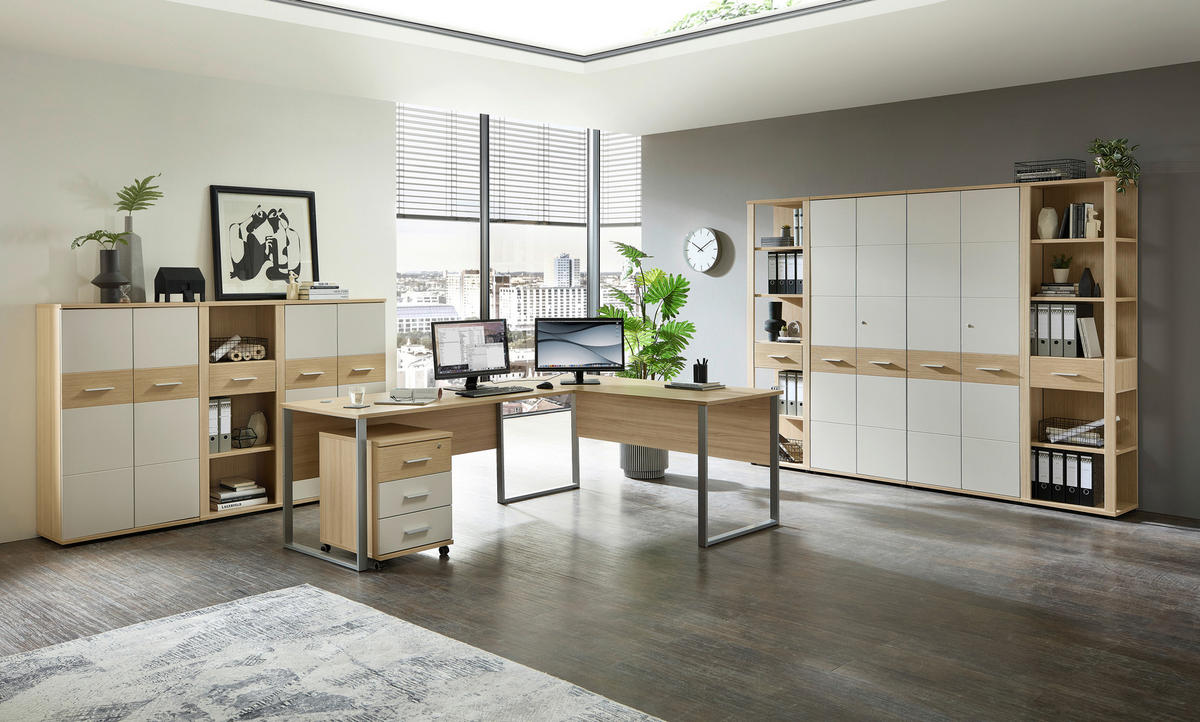 KOTNA PISALNA MIZA leseni material barve hrasta  - srebrne barve/barve hrasta, Konvencionalno, kovina/leseni material (223/170/77cm) - Stylife