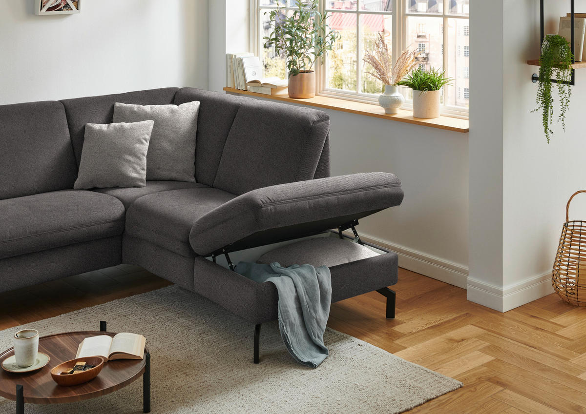 ECKSOFA in Flachgewebe Dunkelbraun  - Dunkelbraun/Schwarz, Konventionell, Textil/Metall (241/190cm) - Beldomo Comfort