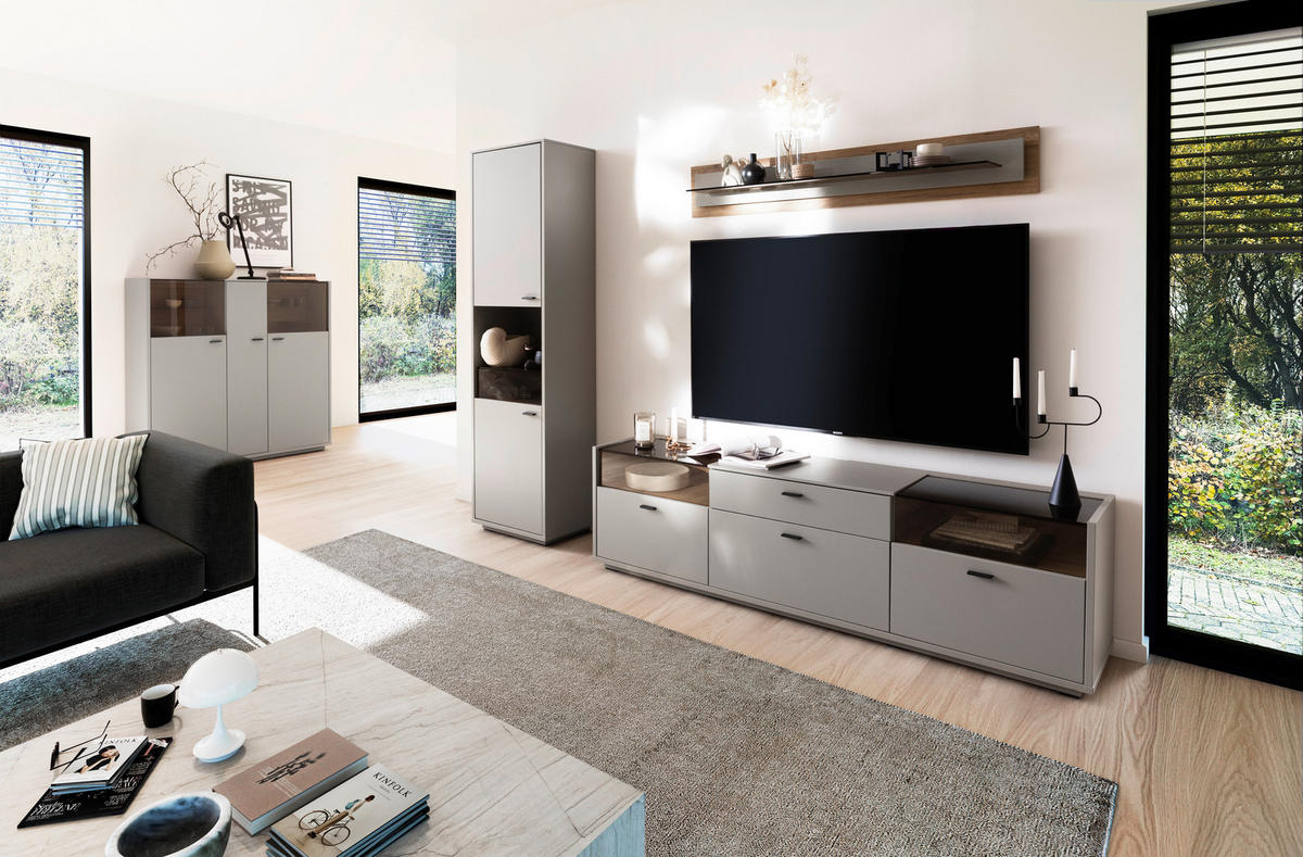 REGAL ZA DNEVNI BORAVAK siva, boje hrasta   - siva/boje hrasta, Moderno, staklo/drvni materijal (271/200/44cm) - Stylife