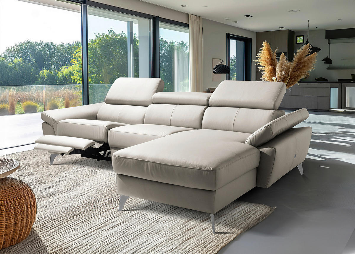ECKSOFA  in Lederlook Echtleder Platinfarben Rücken echt, Armteilverstellung, Relaxfunktion, Kopfteilverstellung  252/179 cm  - Platinfarben/Chromfarben, Design, Leder/Textil (252/179cm) - Livetastic