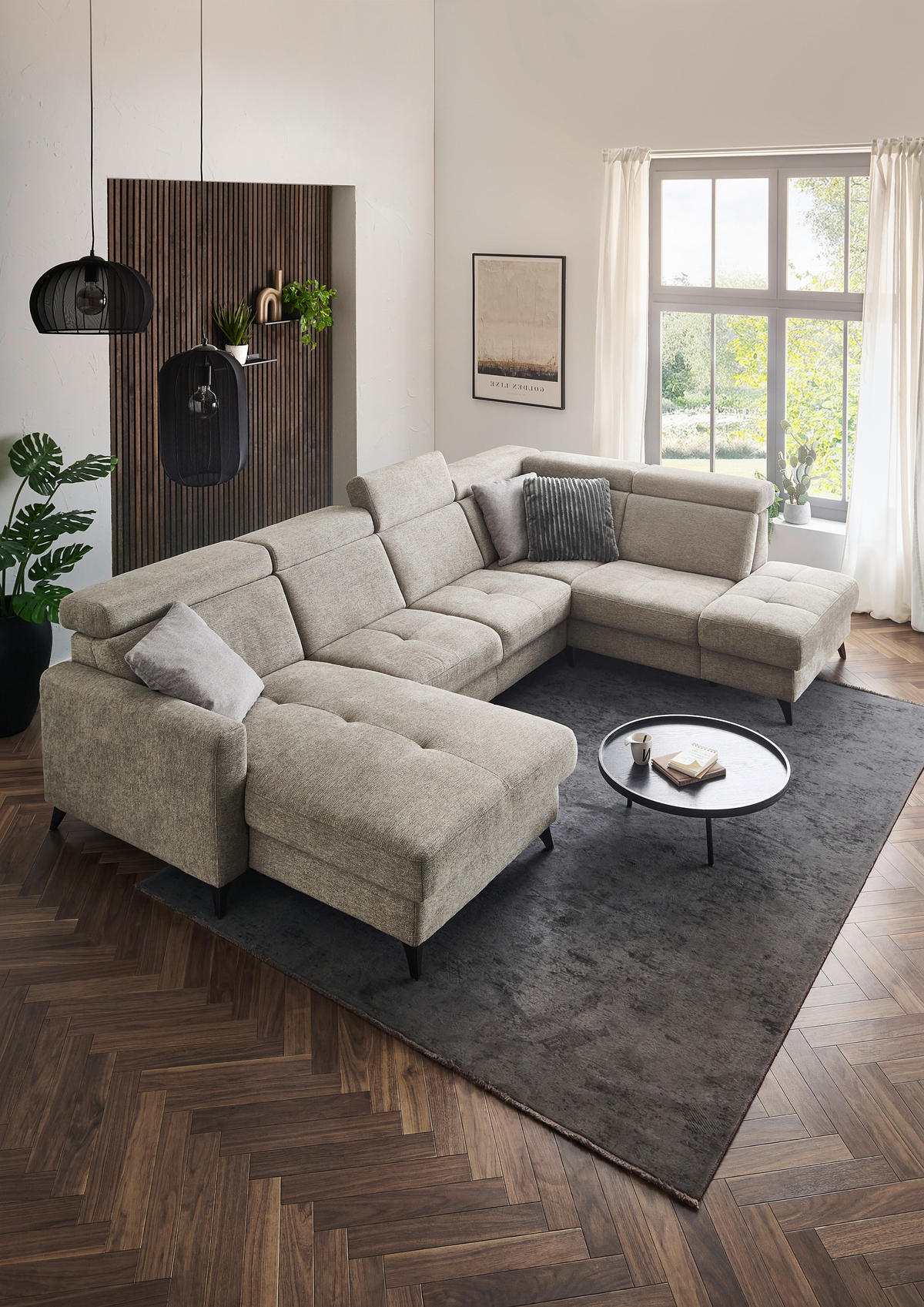 WOHNLANDSCHAFT Beldomo System Graubraun Flachgewebe  - Graubraun/Schwarz, KONVENTIONELL, Textil/Metall (174/333/215cm) - Beldomo System