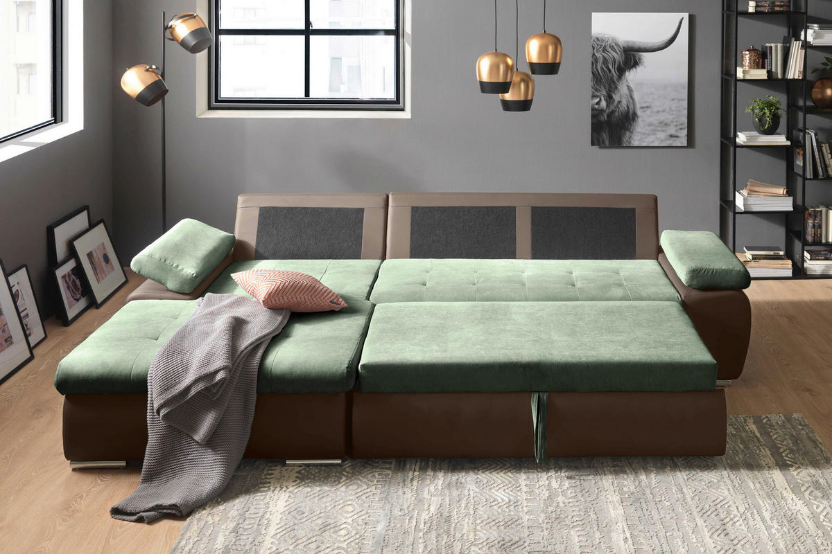 ECKSOFA in Flachgewebe Braun, Olivgrün  - Braun/Olivgrün, Design, Kunststoff/Textil (175/271cm) - MID.YOU