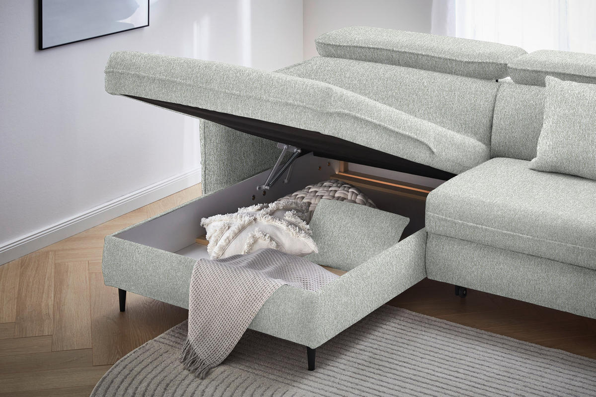 ECKSOFA inkl. Funktionen Ecru Struktur  - Ecru/Schwarz, Design, Holz/Textil (185/232cm) - Stylife