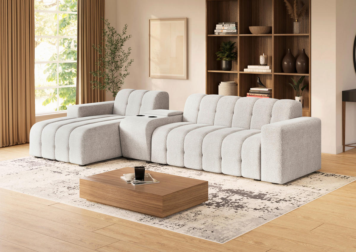 ECKSOFA Perlmutt Chenille Stauraum, Getränkehalter  - Perlmutt/Schwarz, MODERN, Kunststoff/Textil (150/299cm) - Milino