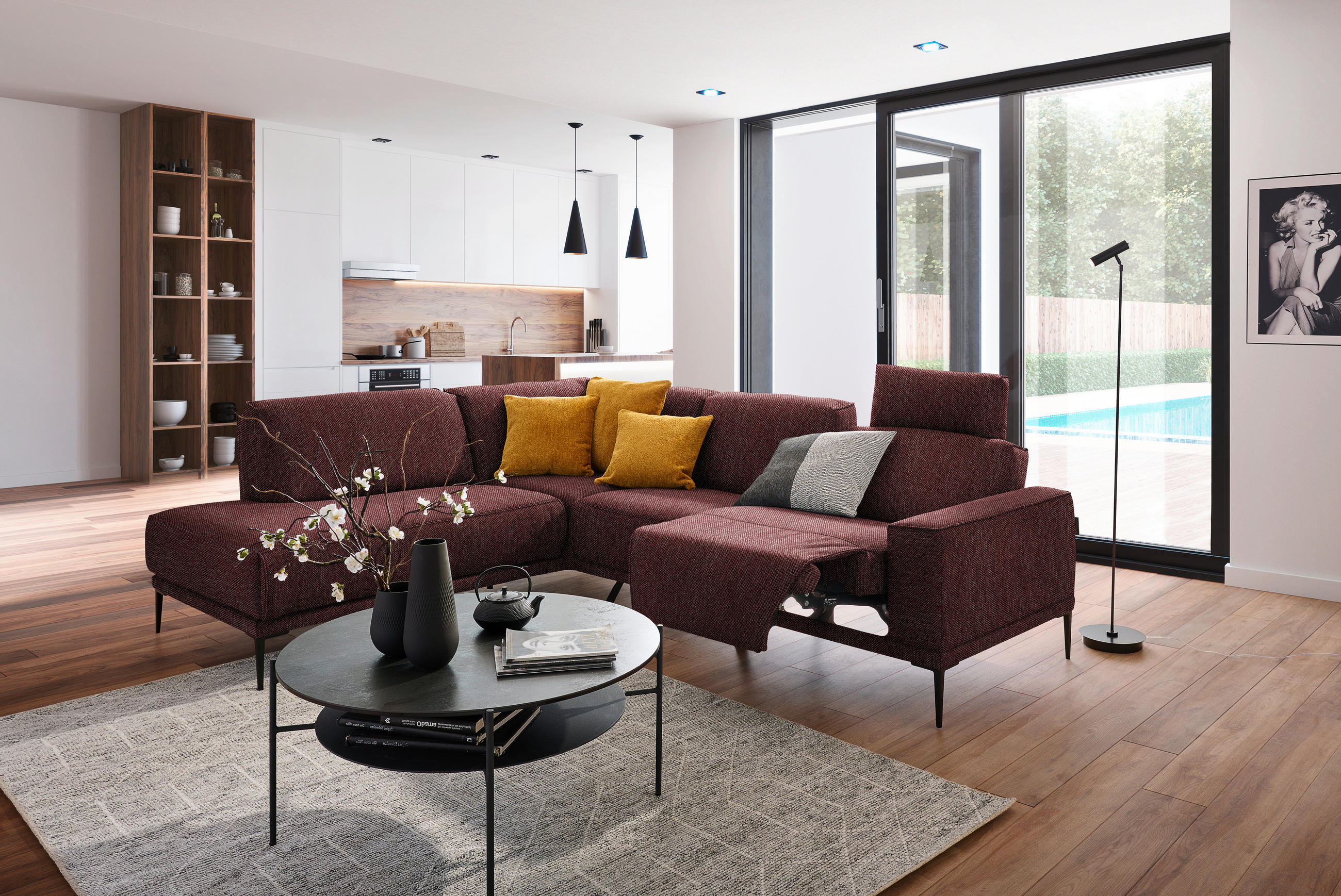 ECKSOFA in Flachgewebe Weinrot  - Weinrot/Schwarz, Design, Textil/Metall (210/260cm) - Johann Jakob